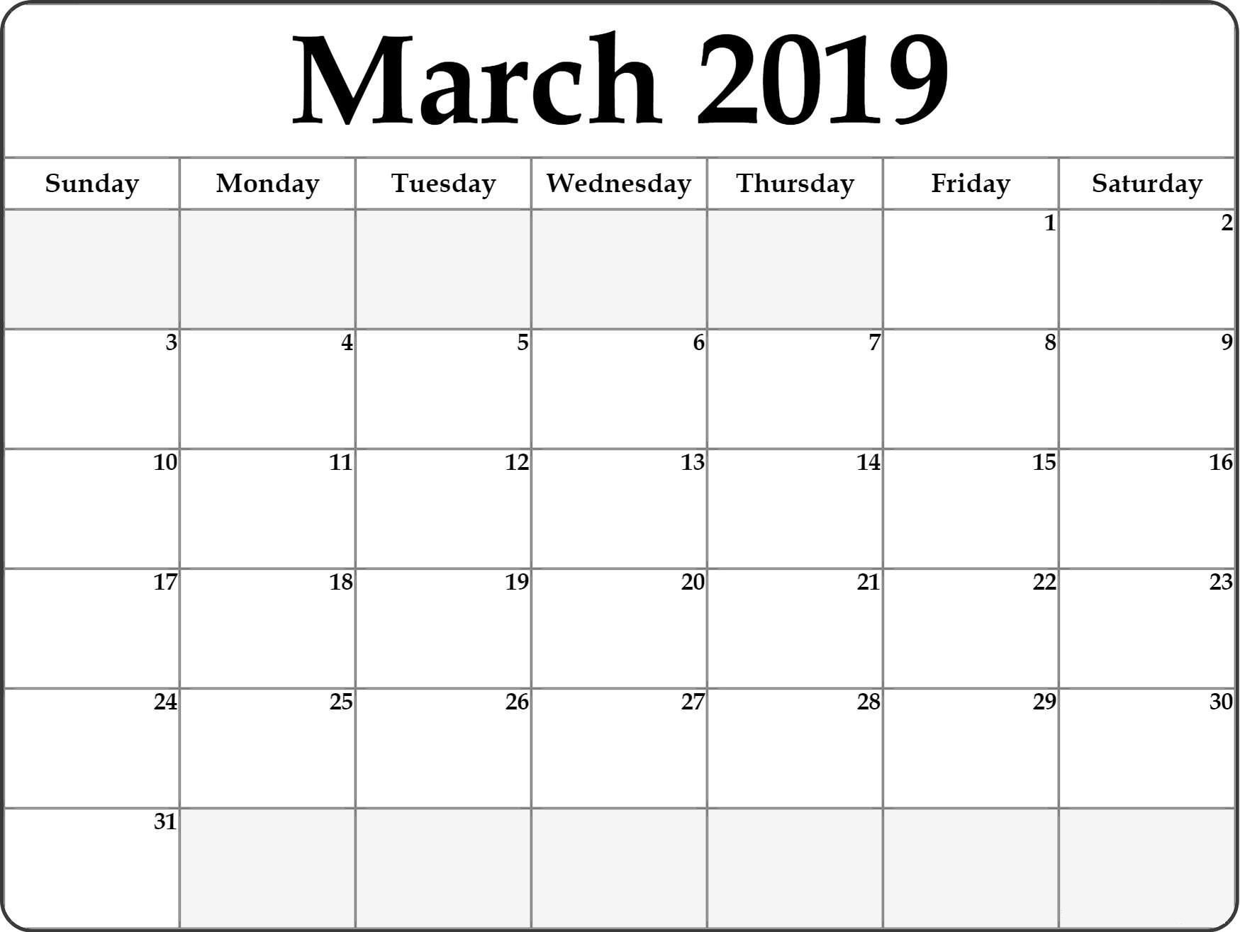 Blank March 2019 Calendar Printable | Blank Monthly Calendar