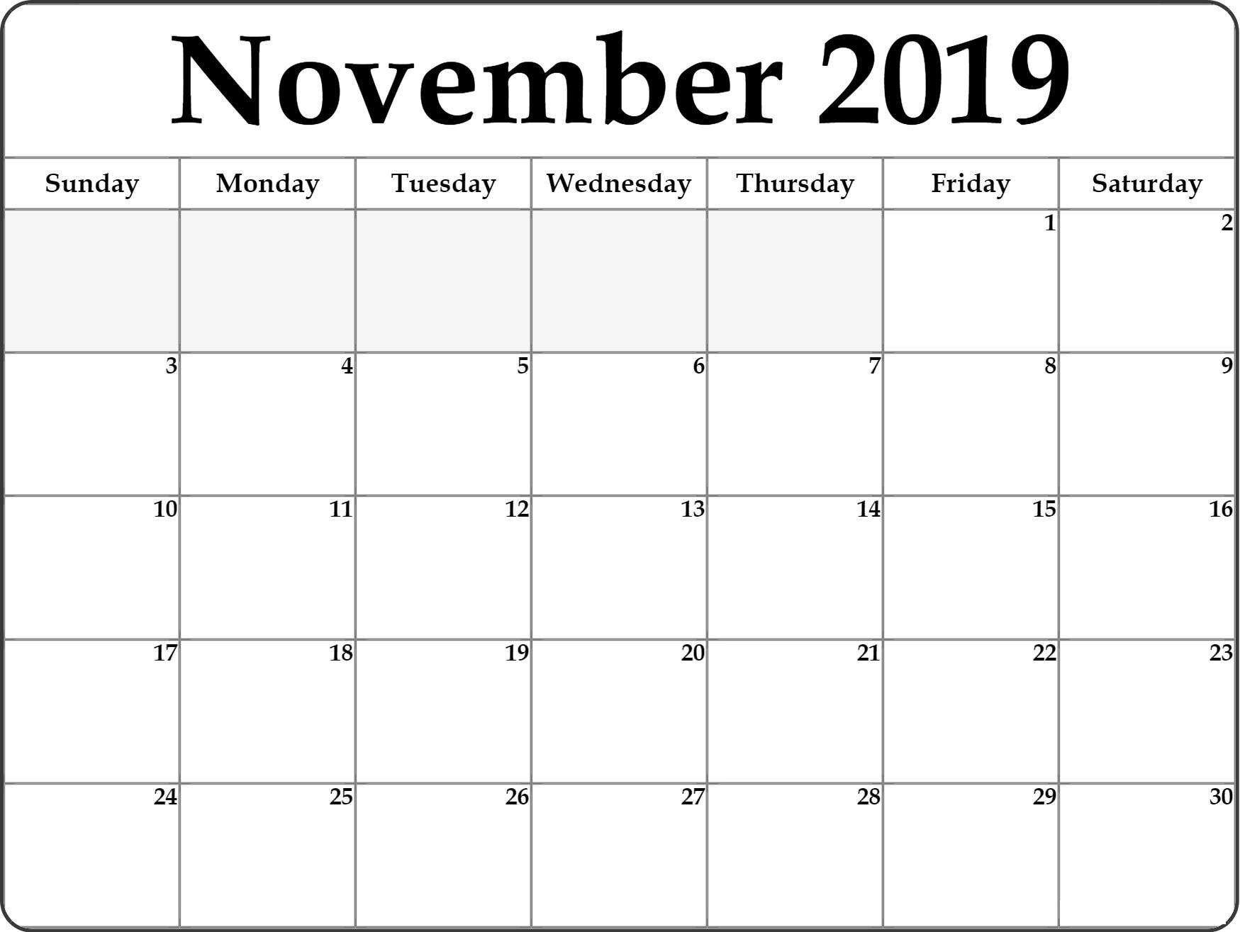 Blank November 2019 Calendar Large Print - Printable