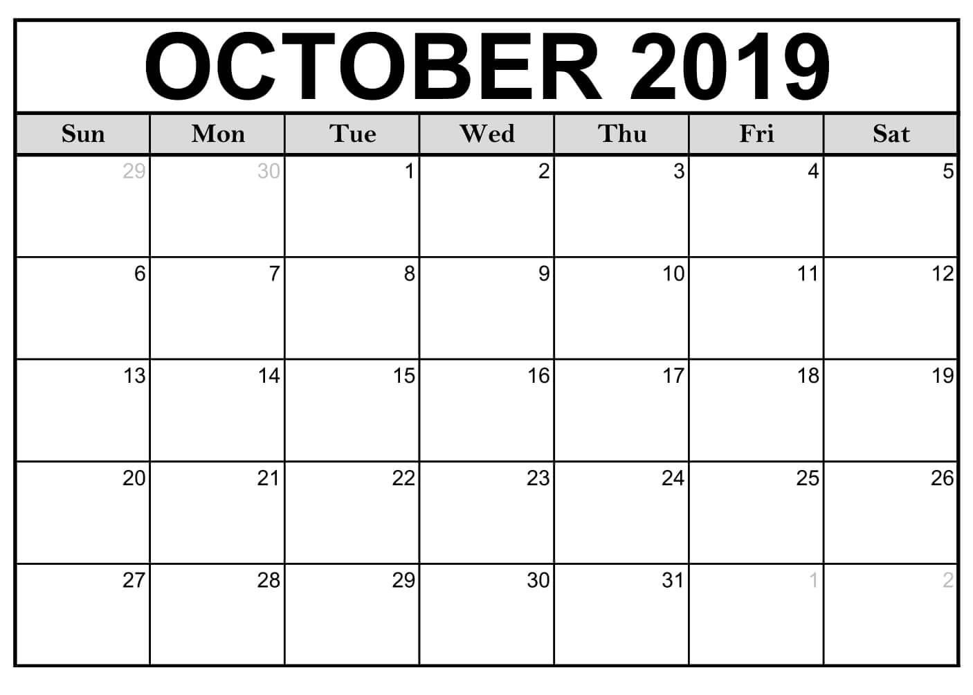 Blank October 2019 Calendar Printable Template - Latest