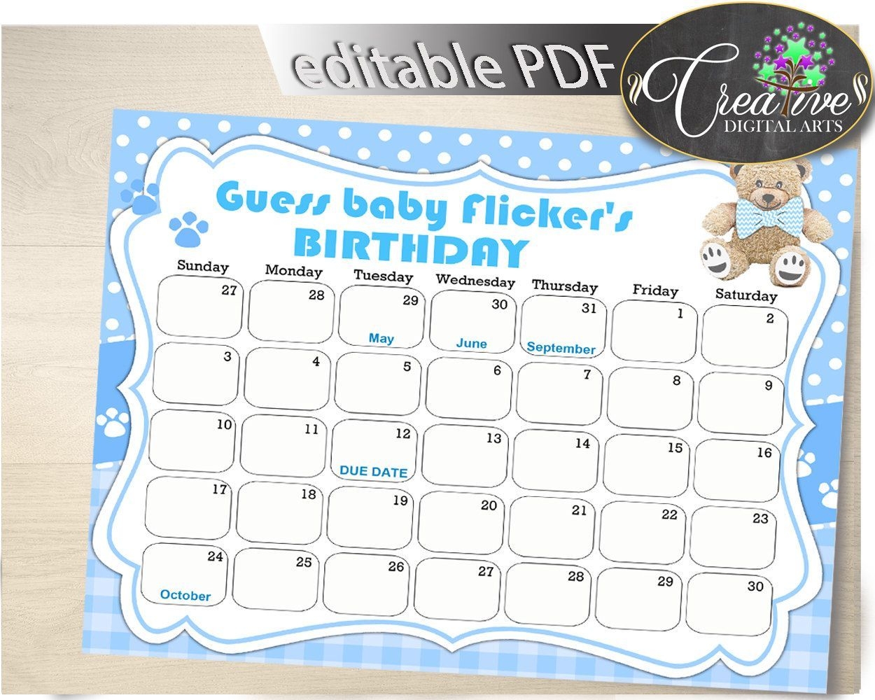 Blue Brown Guess Baby Due Date Calendar Game Printable