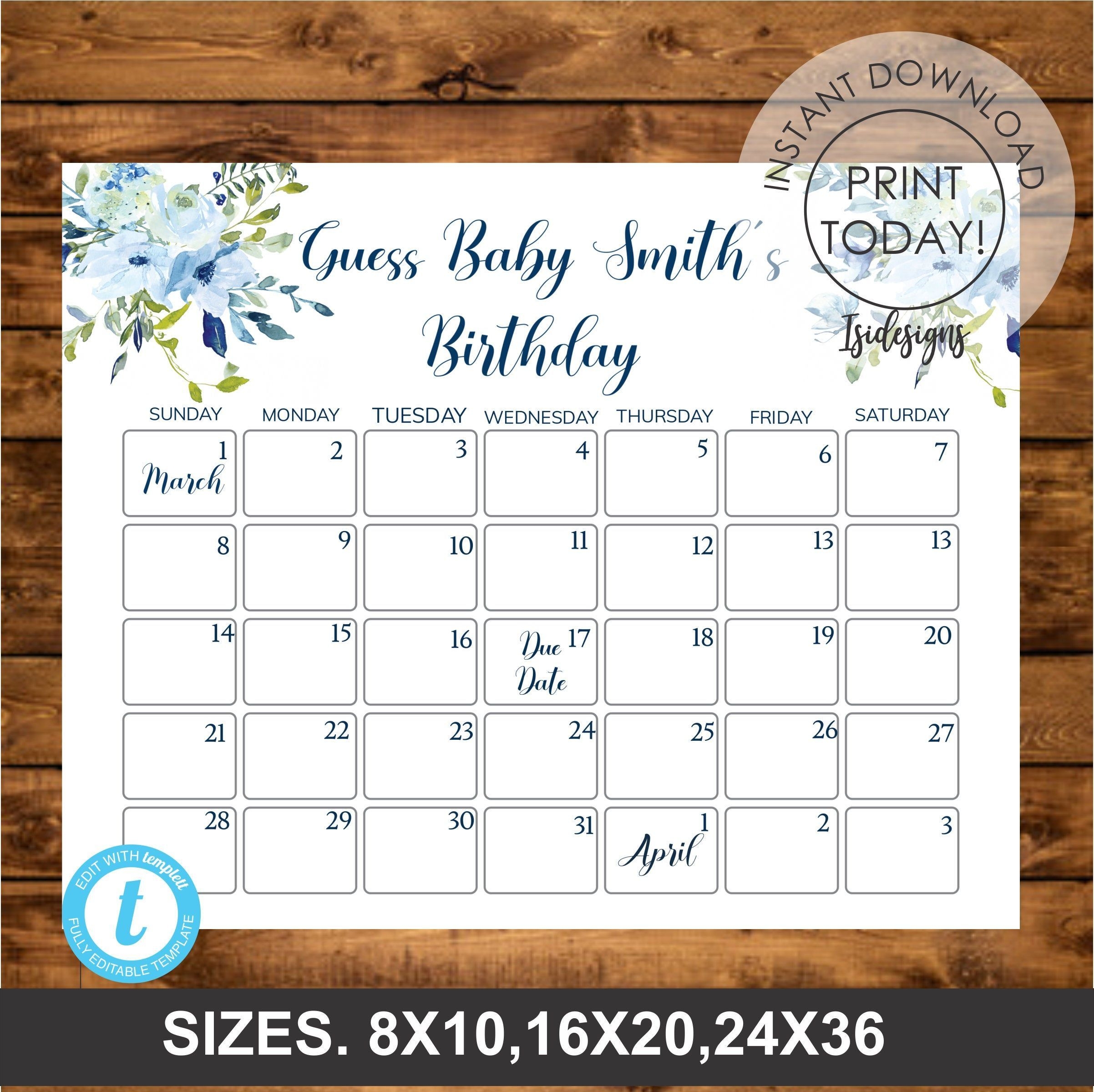 Blue Floral Editable Due Date Calendar, Guess Baby Birthday