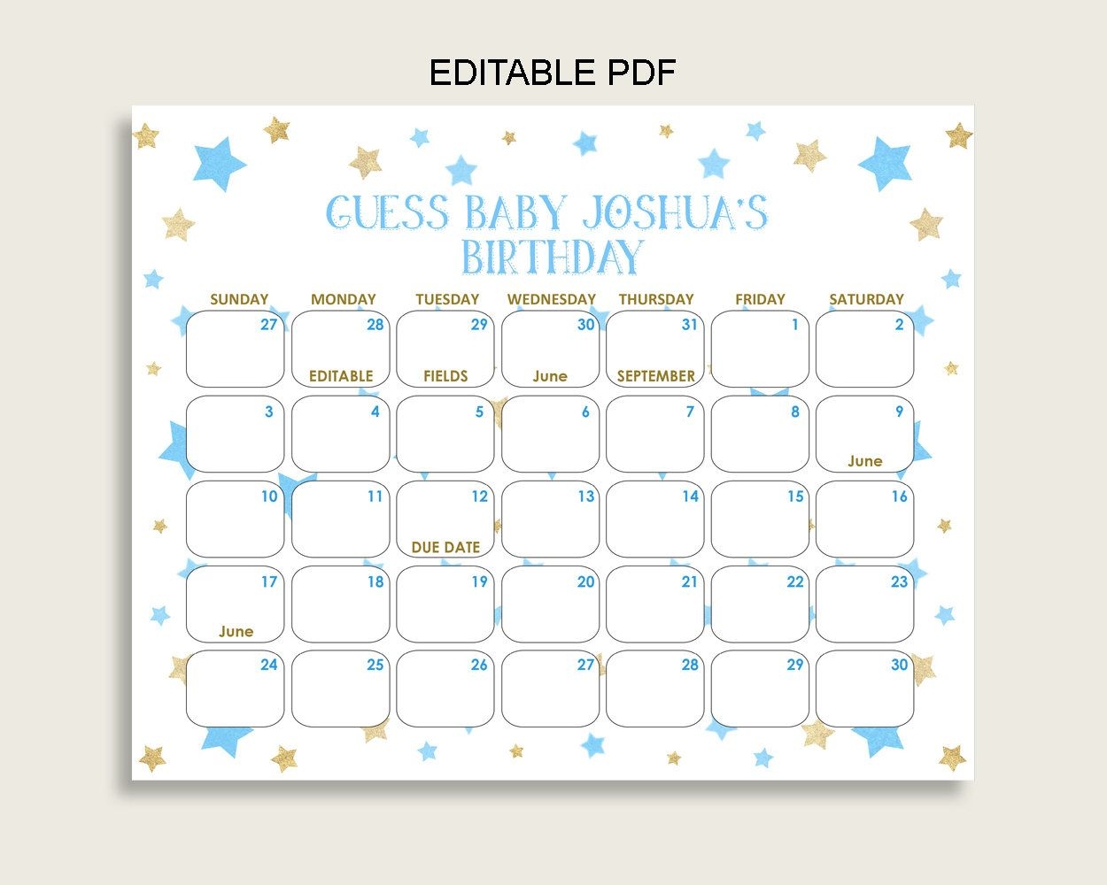 Blue Gold Guess Baby Due Date Calendar Game Printable, Stars Baby Shower  Boy Birthday Prediction Calendar Editable, Instant Download Bsr01