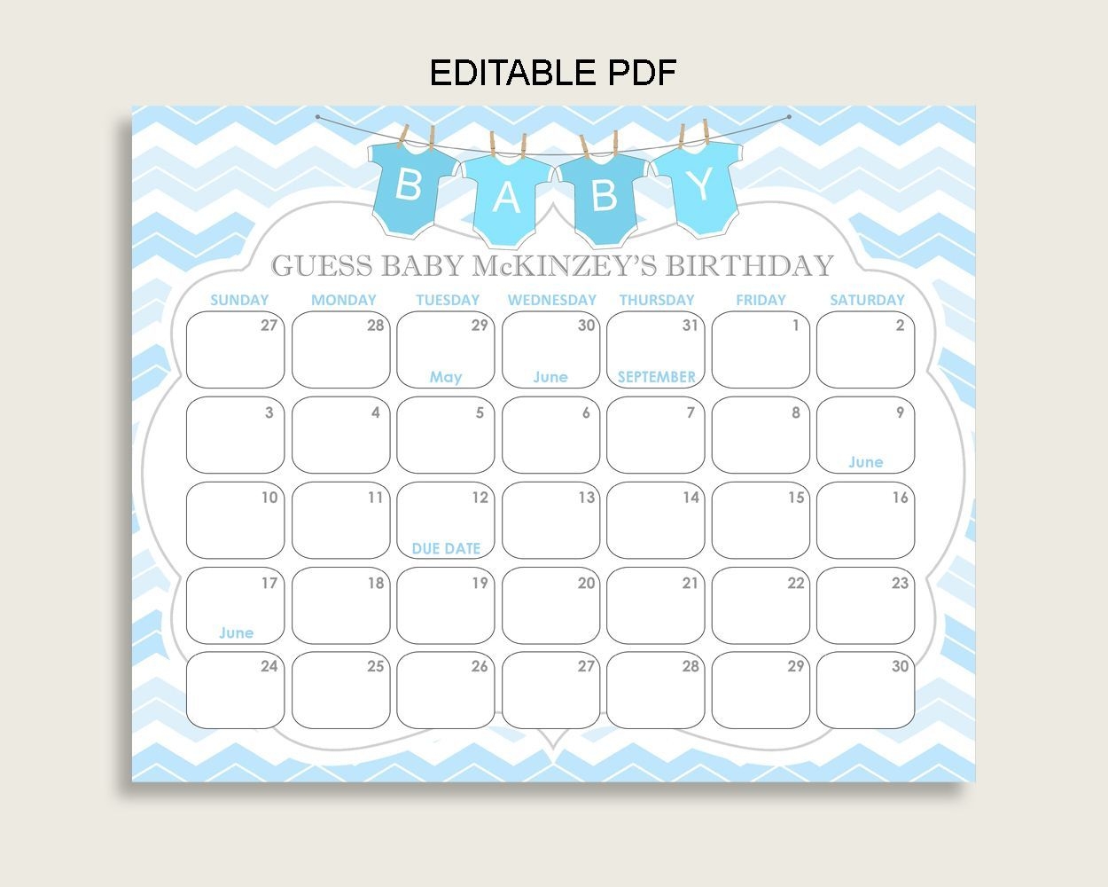 Blue White Guess Baby Due Date Calendar Game Printable