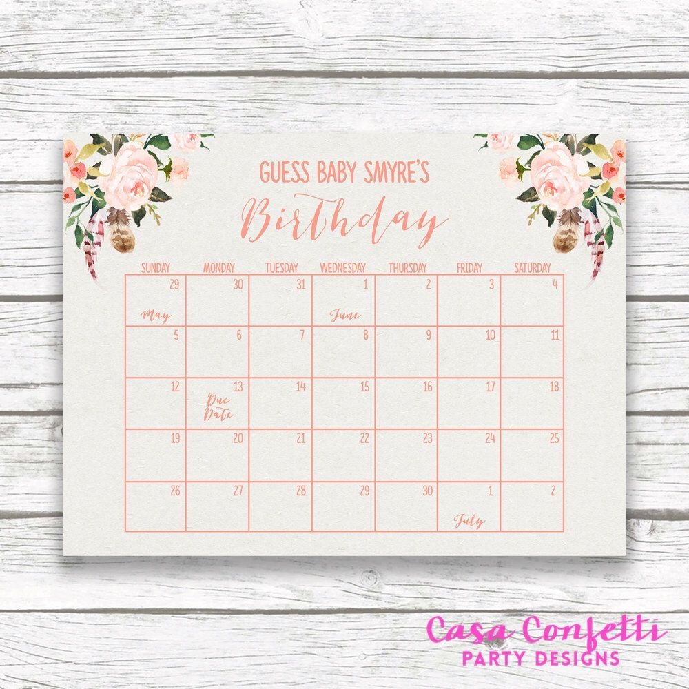 Boho Due Date Calendar, Guess Baby's Due Date, Baby Shower