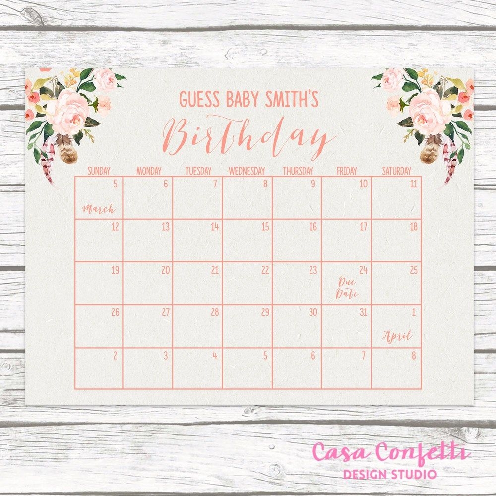 Boho Due Date Calendar, Guess Baby&#039;s Due Date, Baby Shower Game, Guess  Baby&#039;s Birthday, Birthday Predictor, Peach Floral Printable