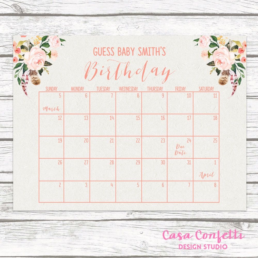 Boho Due Date Calendar, Guess Baby&#039;s Due Date, Baby Shower Game, Guess  Baby&#039;s Birthday, Birthday Predictor, Peach Floral Printable