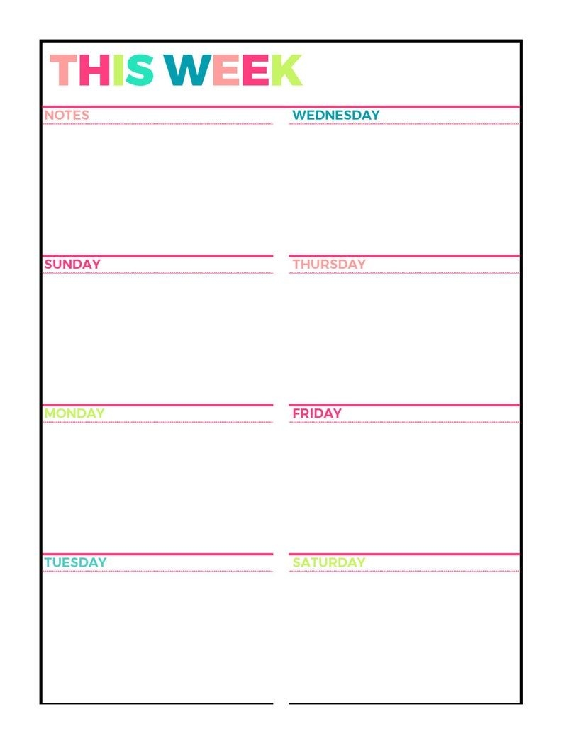 Bright Weekly Planner Printable, Week On 1 Page, Undated,letter  Size,grid,lined, Blank Style, Sunday And Monday Week Start, Instant Download