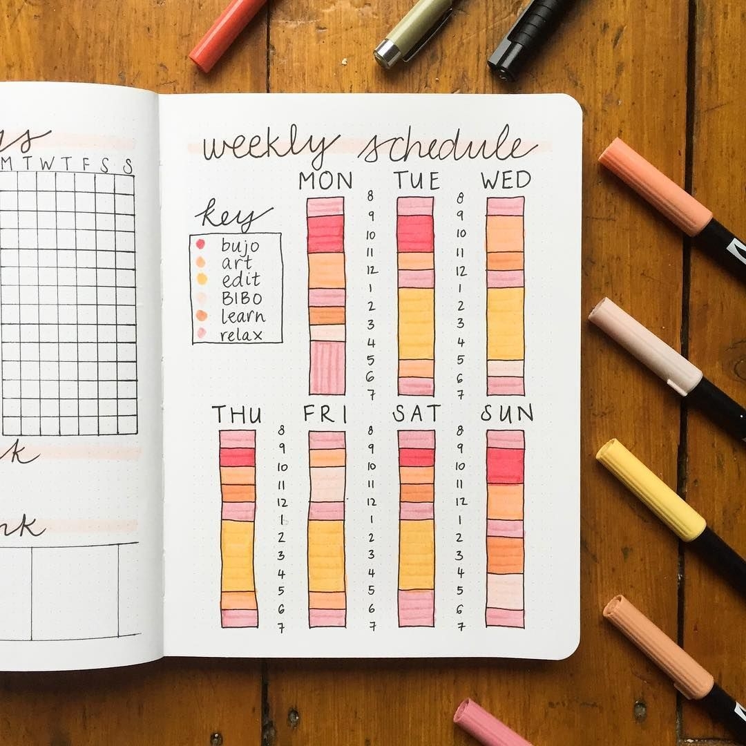 Bullet Journal Weekly Schedule, Colour Coded Schedule