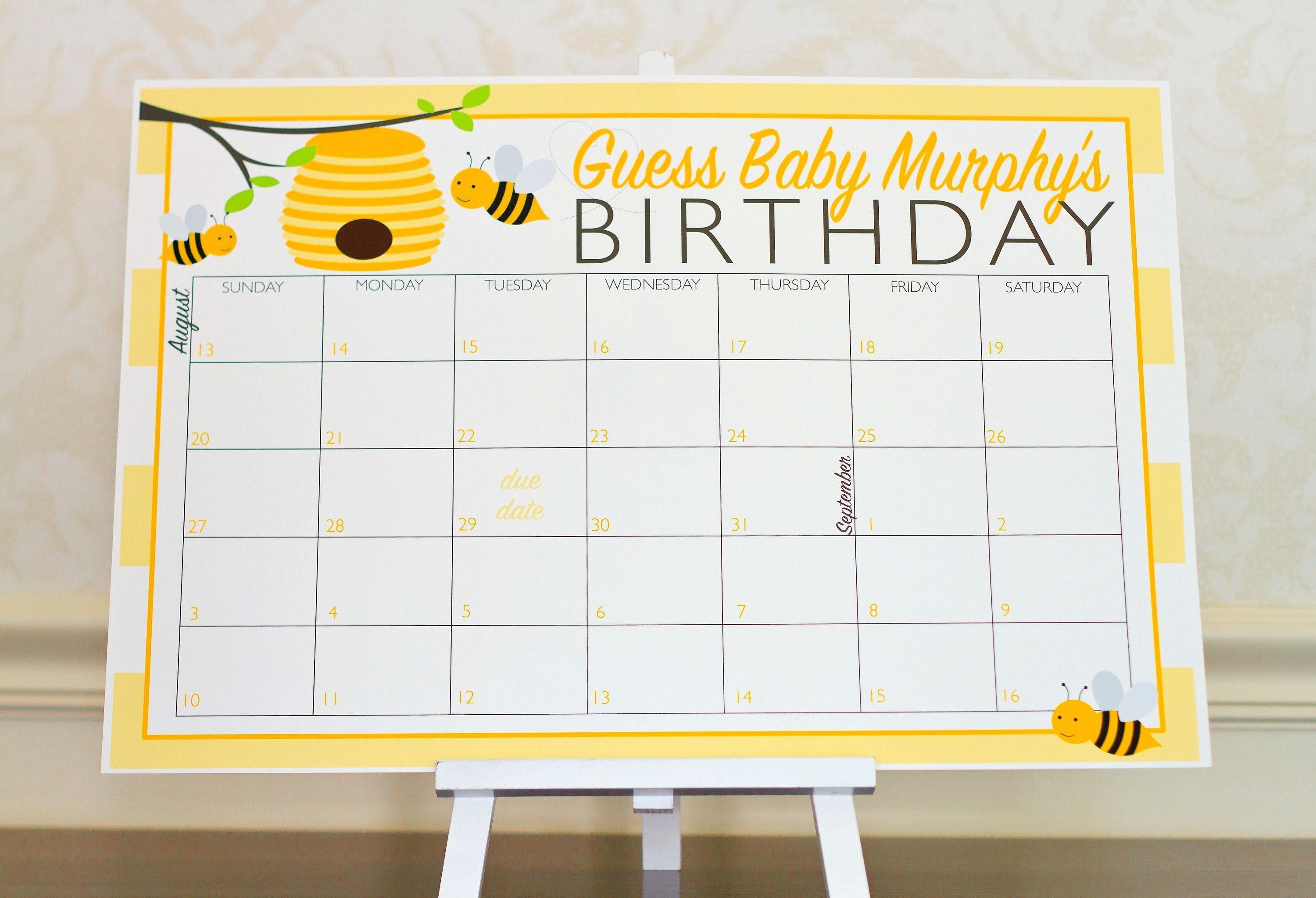Bumble Bee Baby Shower Game - Guess The Due Date Calendar