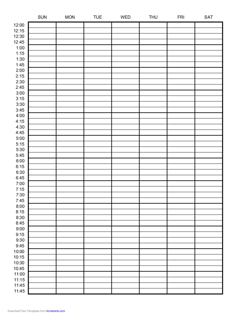 Calendar - 1 Week - Half Days By Quarter Hour - Edit, Fill