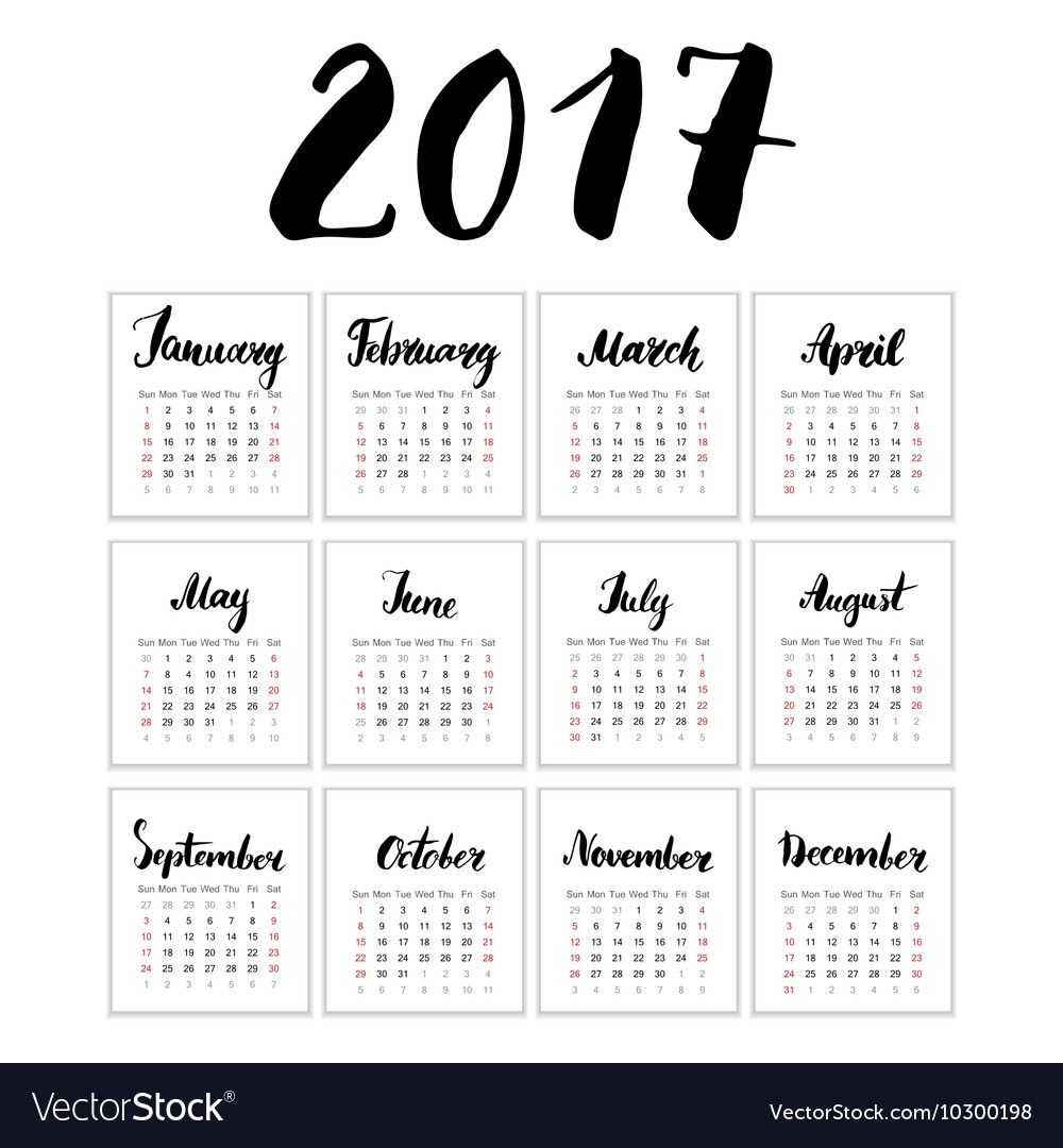 Calendar 2017 Year Cards With Hand Drawn Month