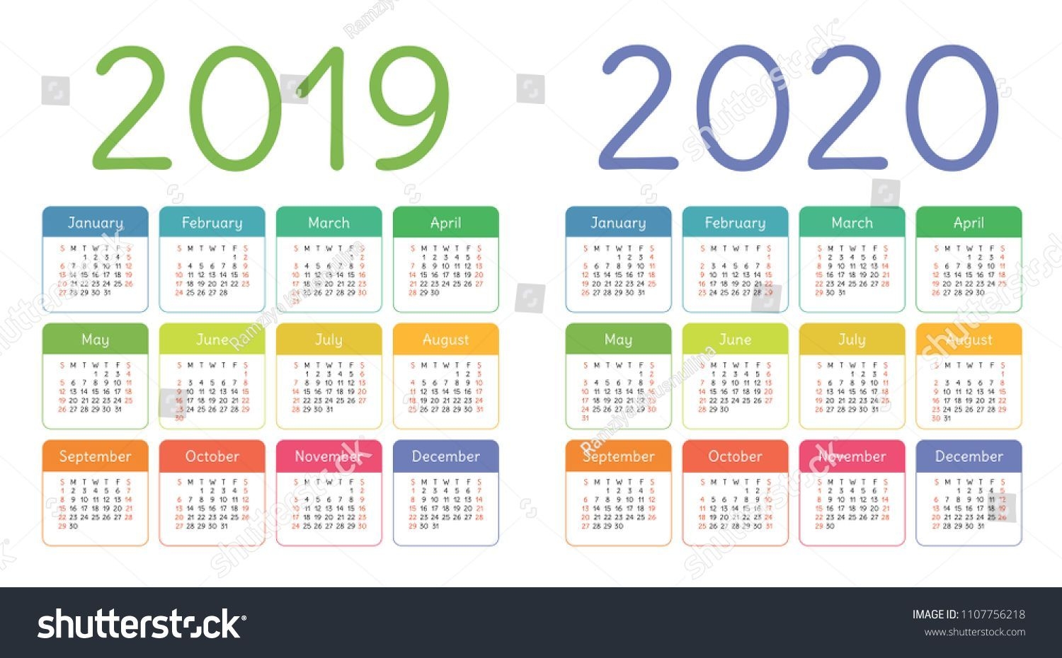 Calendar 2019, 2020 Years. Colorful Calender Set. Week