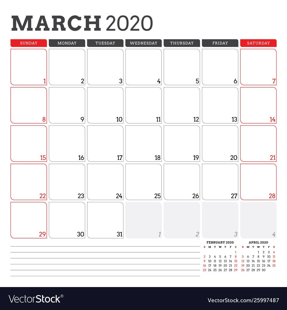 Calendar Planner For March 2020 Week Starts On