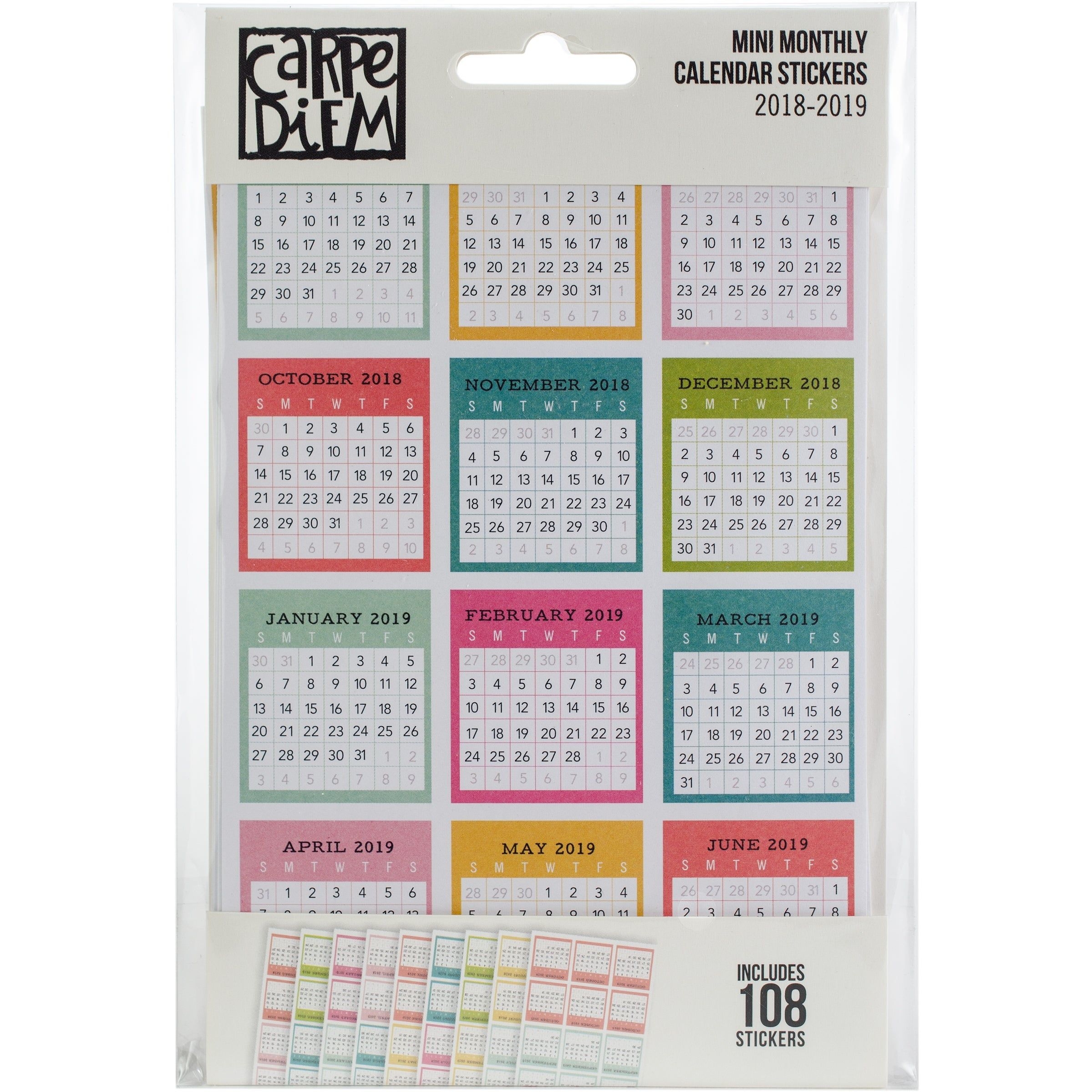 Carpe Diem Planner Mini Stickers 9/pkg-Monthly Calendar, July 2018-Dec 2019