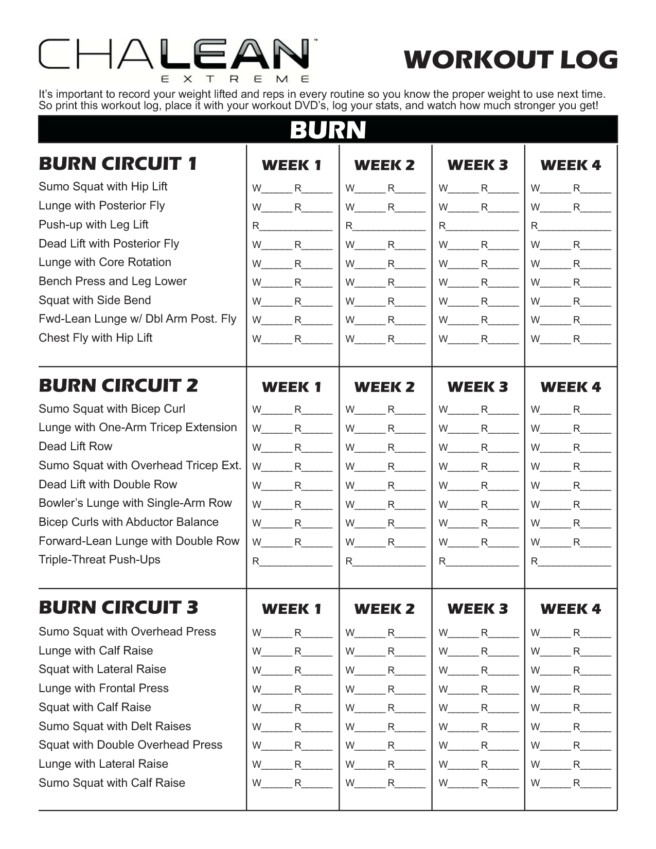 Chalean Extreme Workout Sheets | Chalean Workout Log Sheets