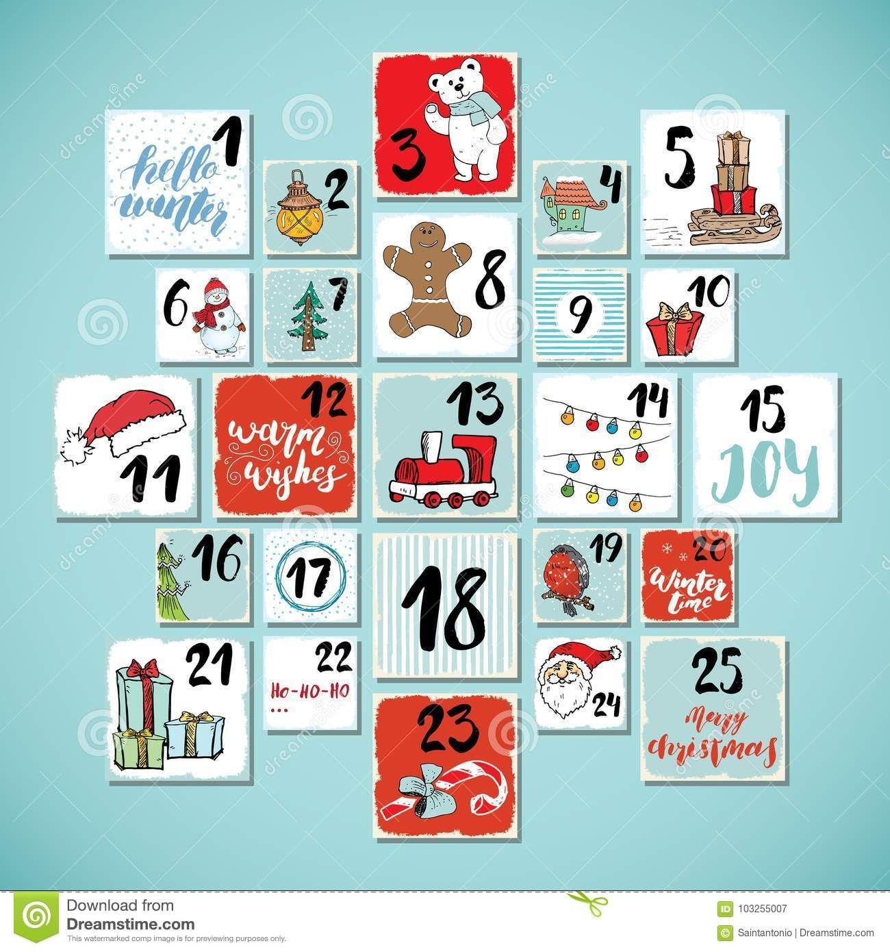 Christmas Advent Calendar. Hand Drawn Elements And Numbers