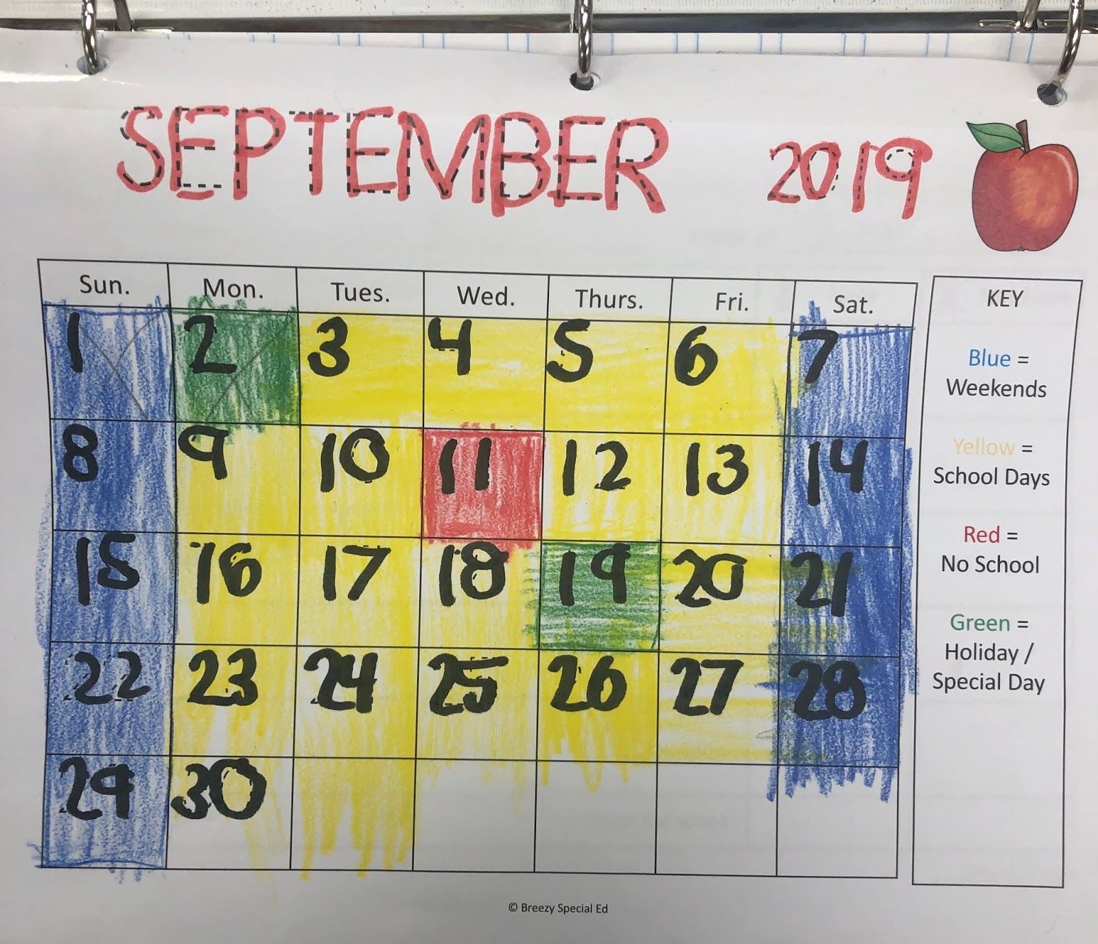Color Coded Calendar Visuals - Breezy Special Ed