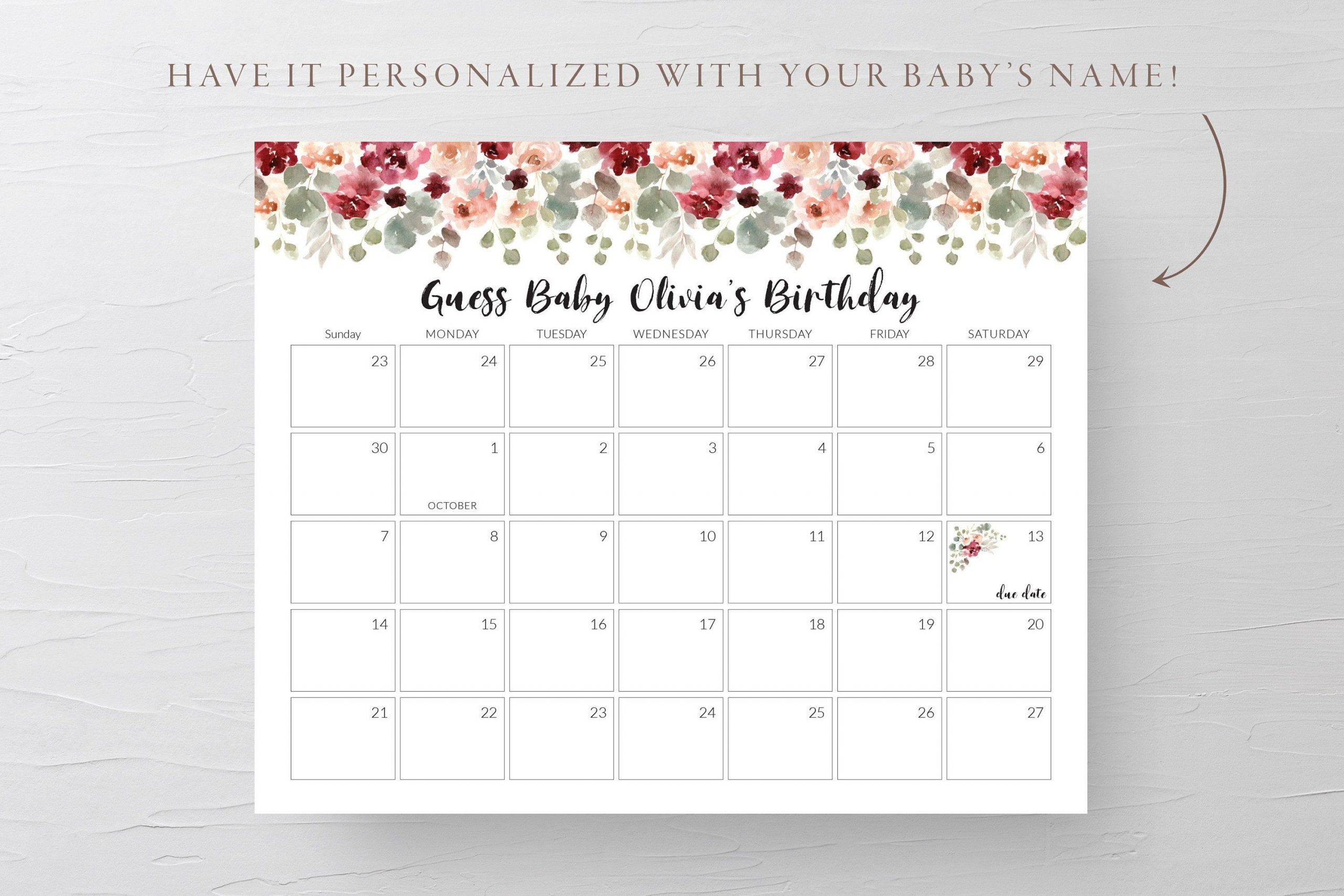 Custom Floral Baby Shower Calendar Game | Guess Baby Birthday, Guess The  Due Date, Baby Predictions Calendar, Floral Baby Due Date (1013)