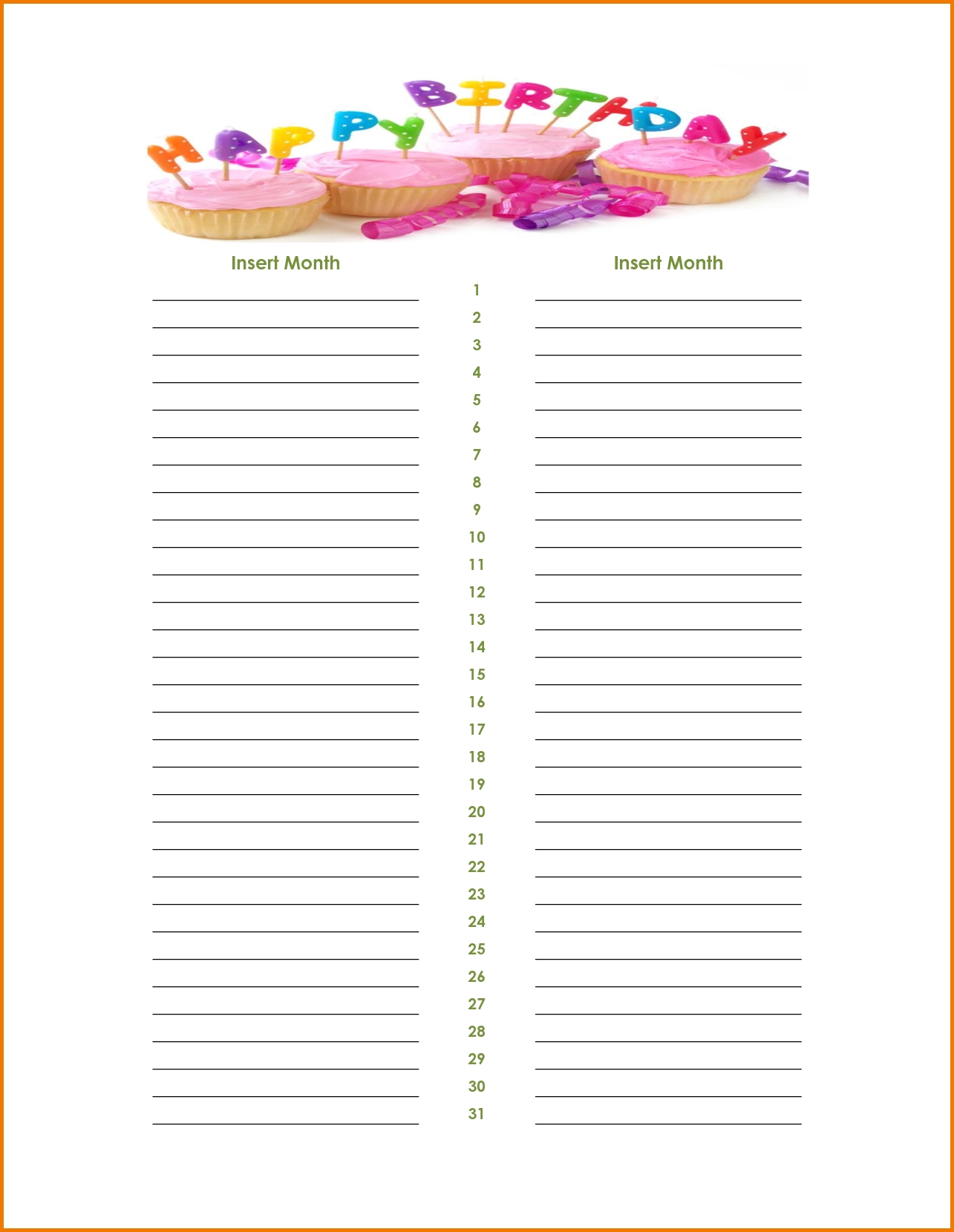 Cute Birthday Calendar Word Template For Girls : Vientazona