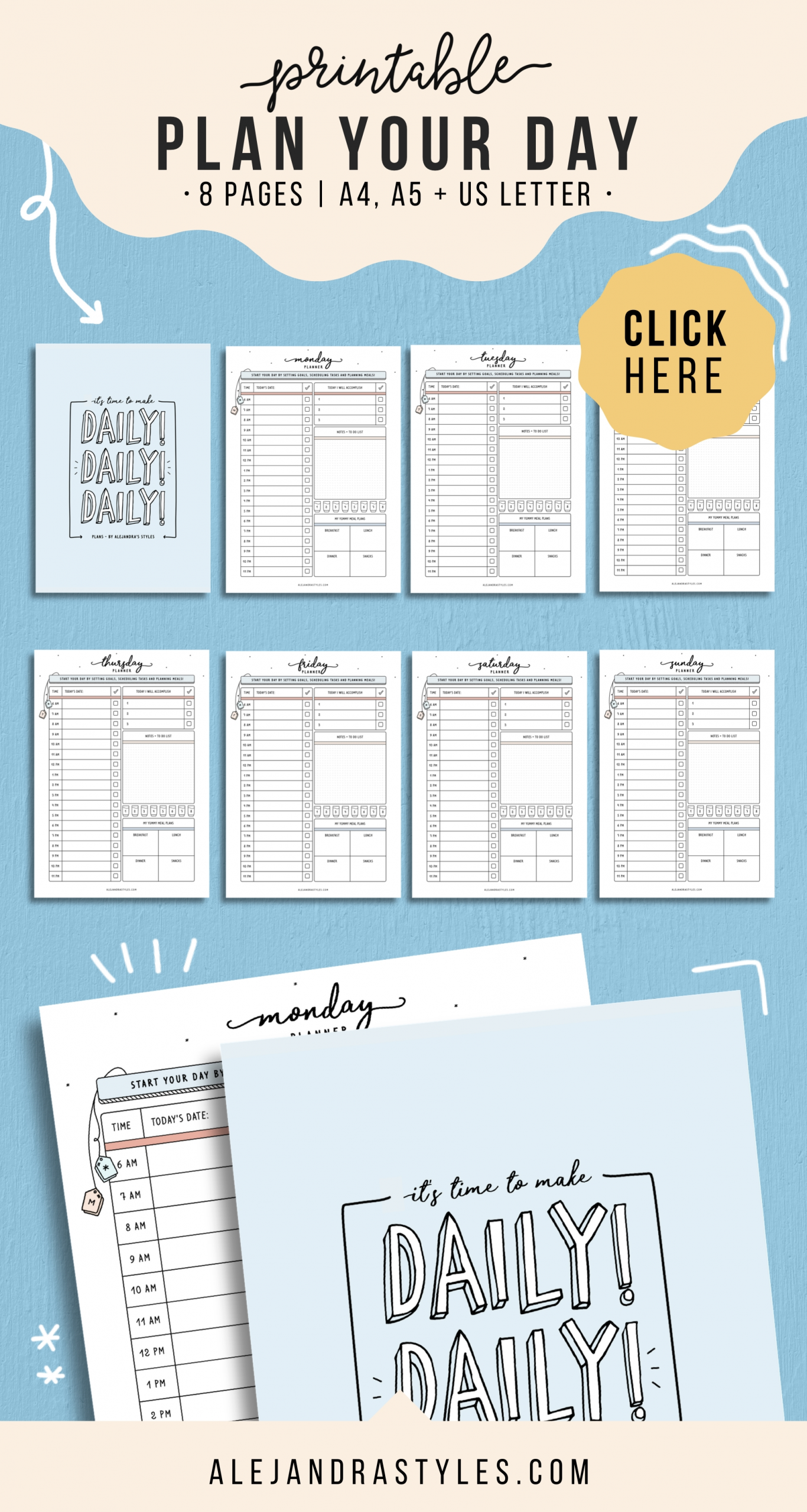 Daily Planner Printable, Daily Hourly Planner Pages Inserts