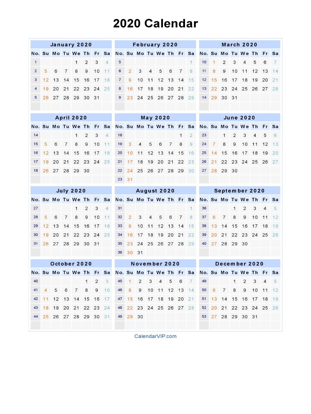 Dashing 2020 Calendar With Week Numbers | Printable Calendar