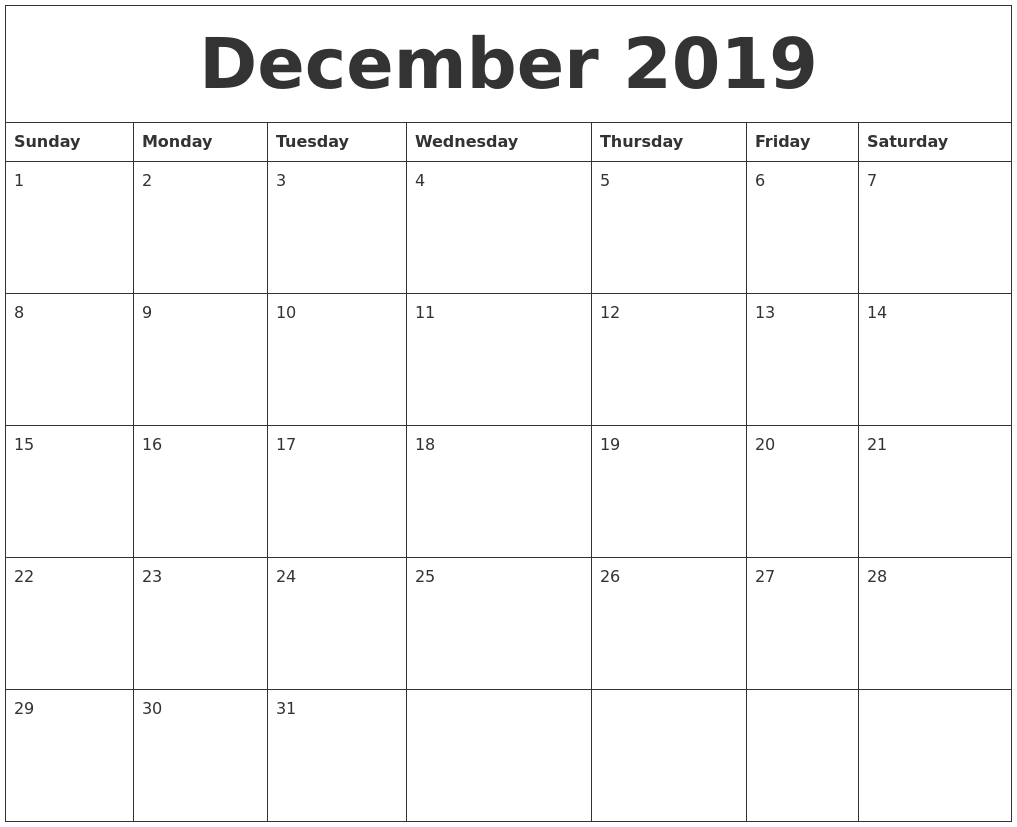 December 2019 Free Downloadable Calendar