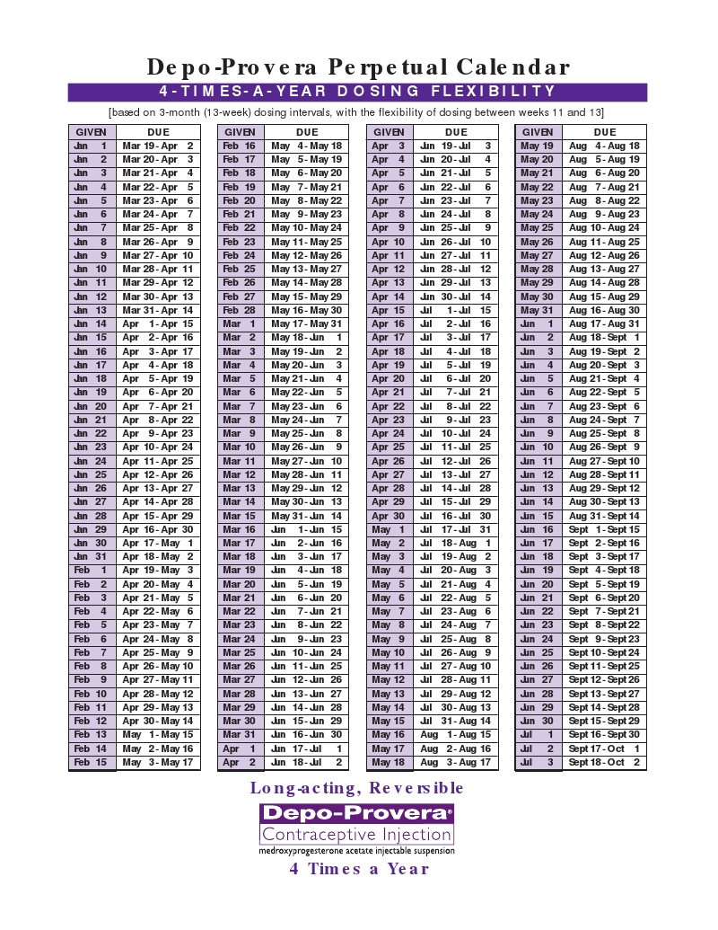 Perfect Printable Depo-Provera Perpetual Calendar