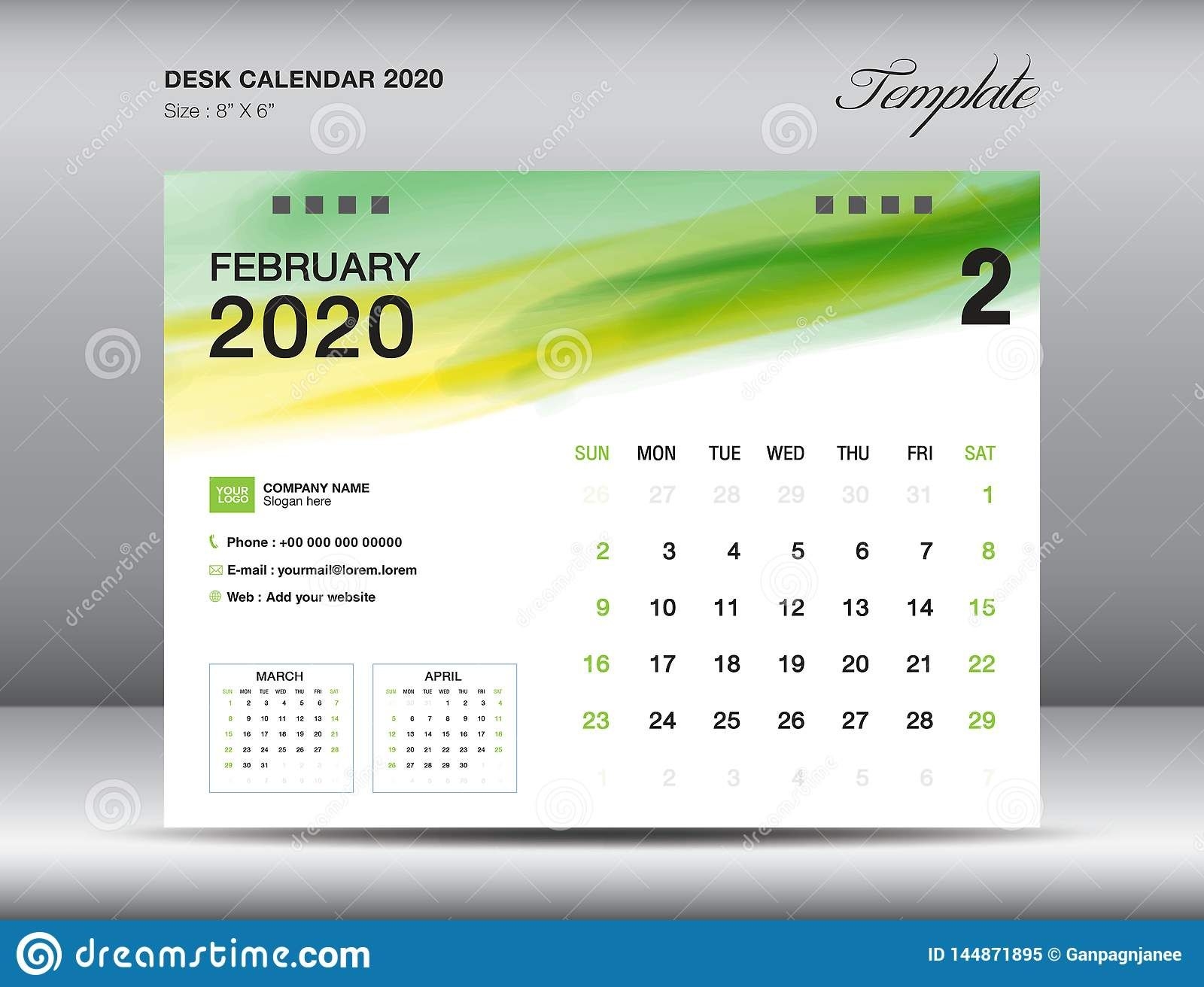 Desk Calendar 2020 Template Vector, February 2020 Month