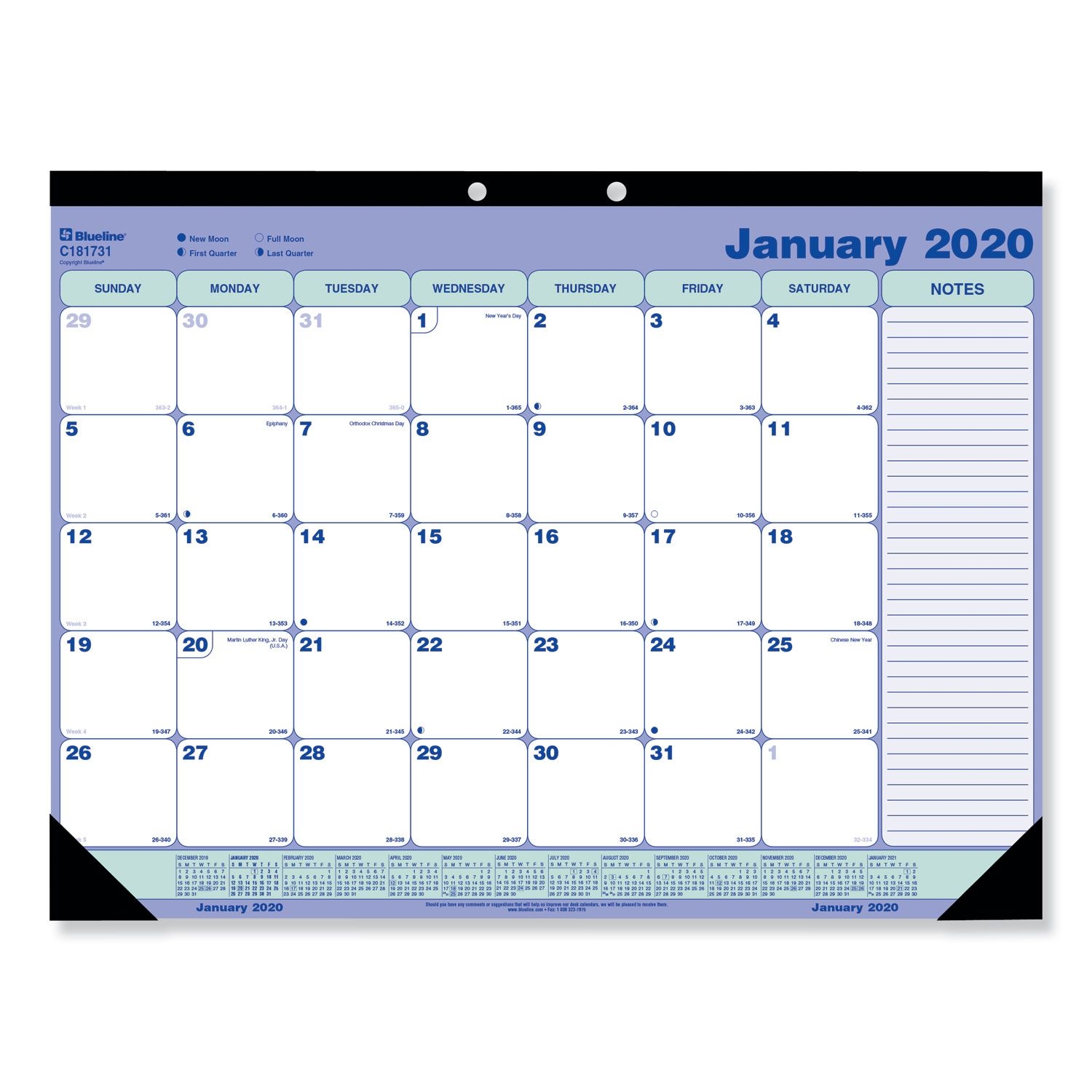 Desk Pad Calendar, 21.25 X 16, Blue/white/green, 2021