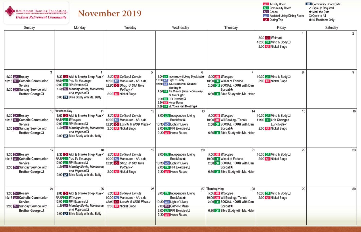 Desmet November 2019 Calendar - Desmet Retirement Community