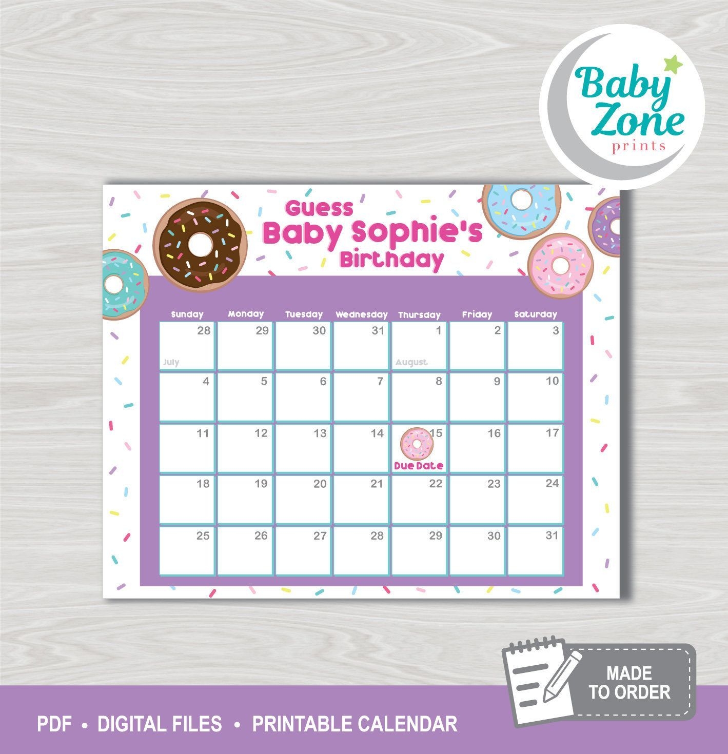 Donuts Baby Due Date Printable Prediction Calendar Guess The