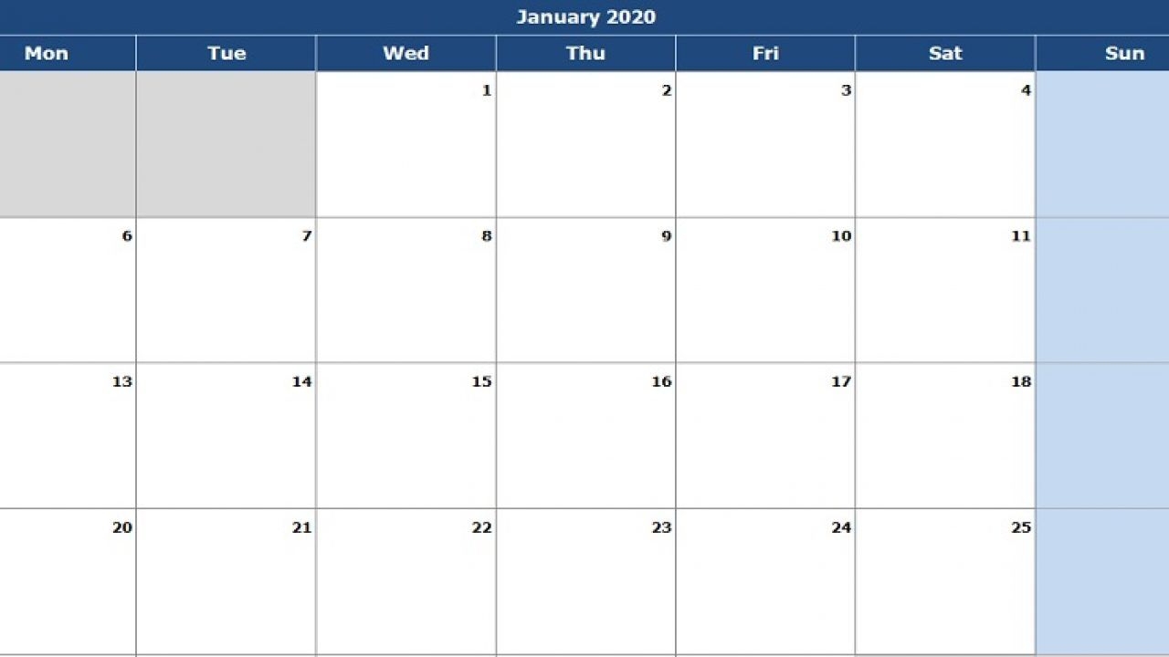 Download 2020 Monthly Calendar (Mon Start) Excel Template