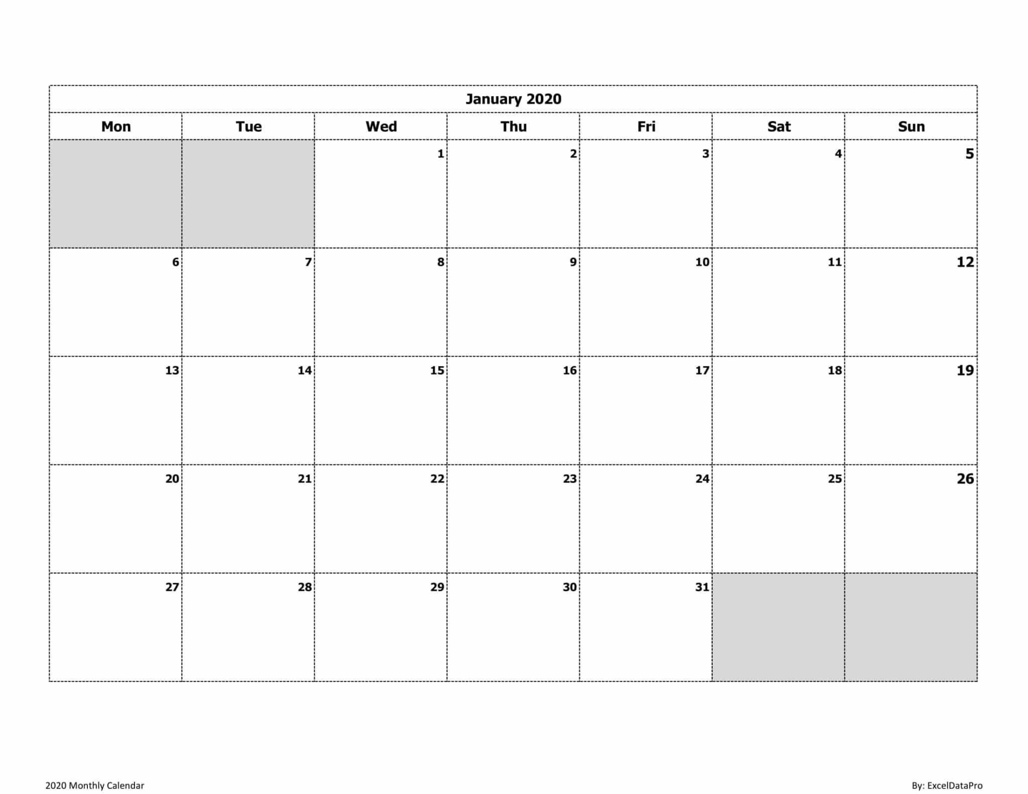 Download 2020 Monthly Calendar (Mon Start) Ink Saver Excel