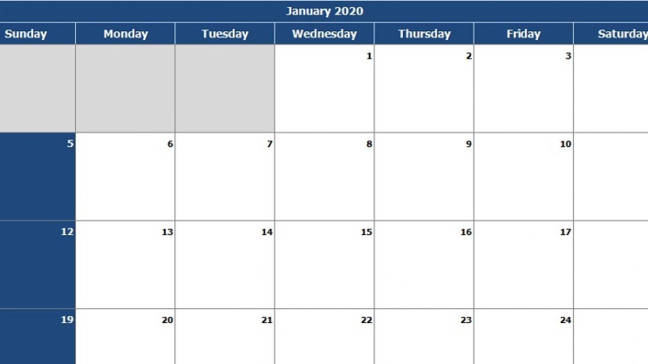 Download 2020 Monthly Calendar (Sun Start) Excel Template