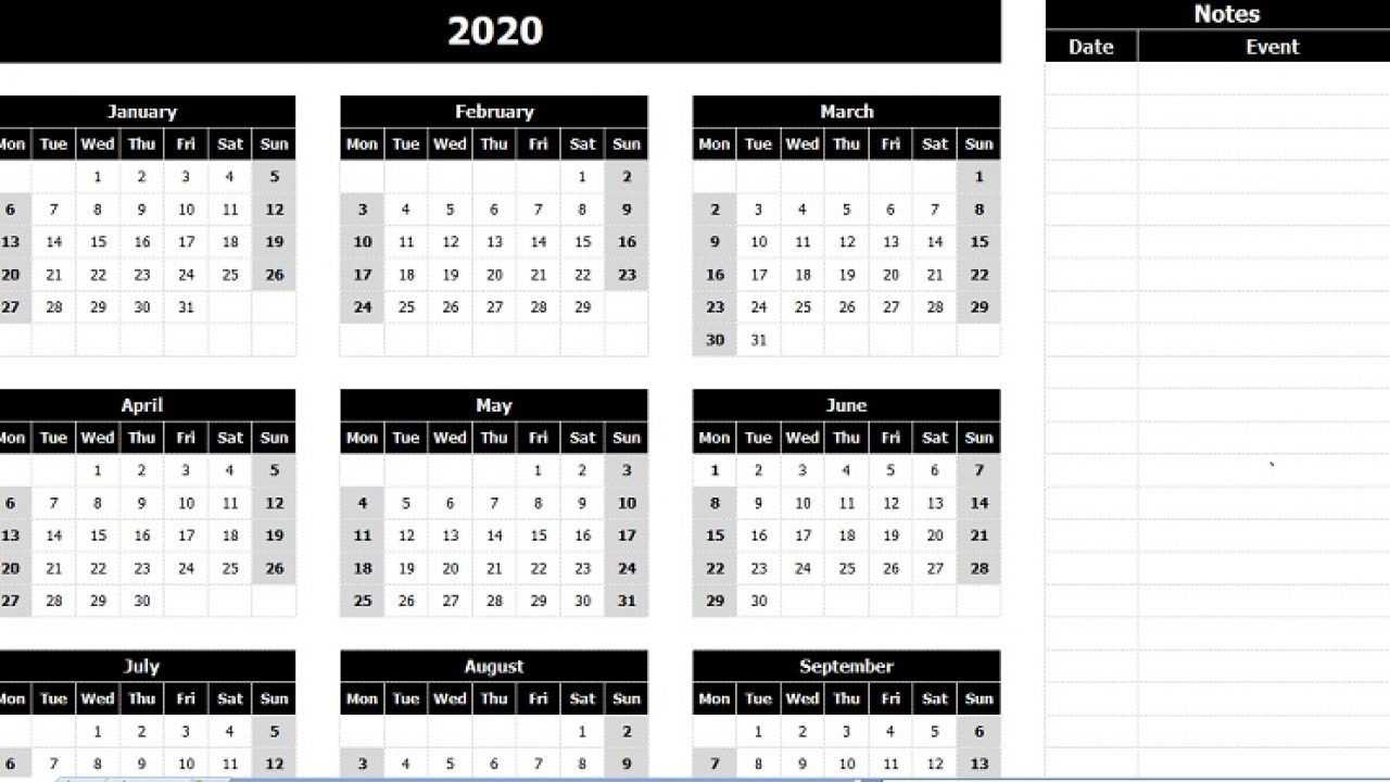 Download 2020 Yearly Calendar (Mon Start) With Notes Excel