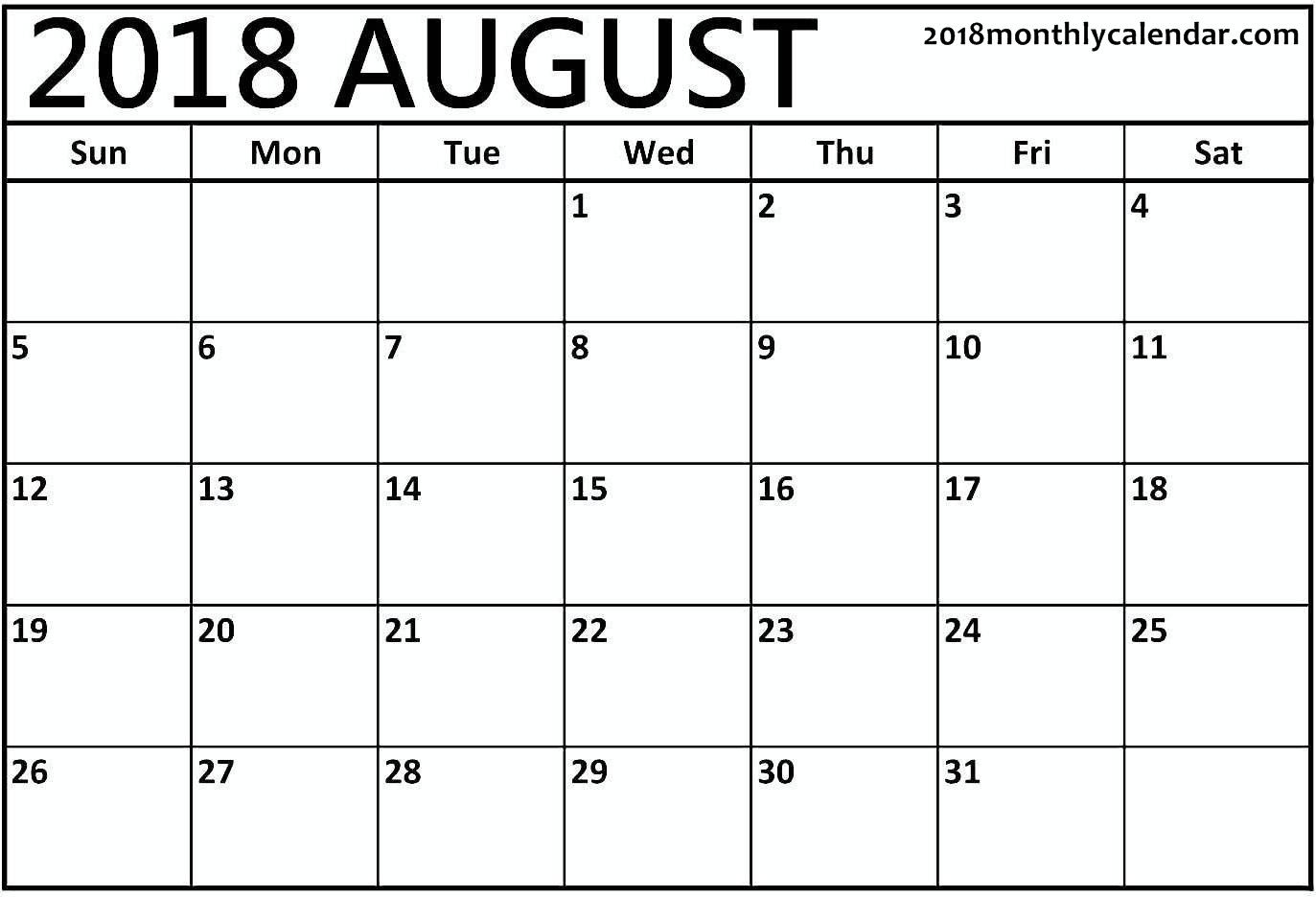 Download August 2018 - Printable Blank &amp; Editable Calendar