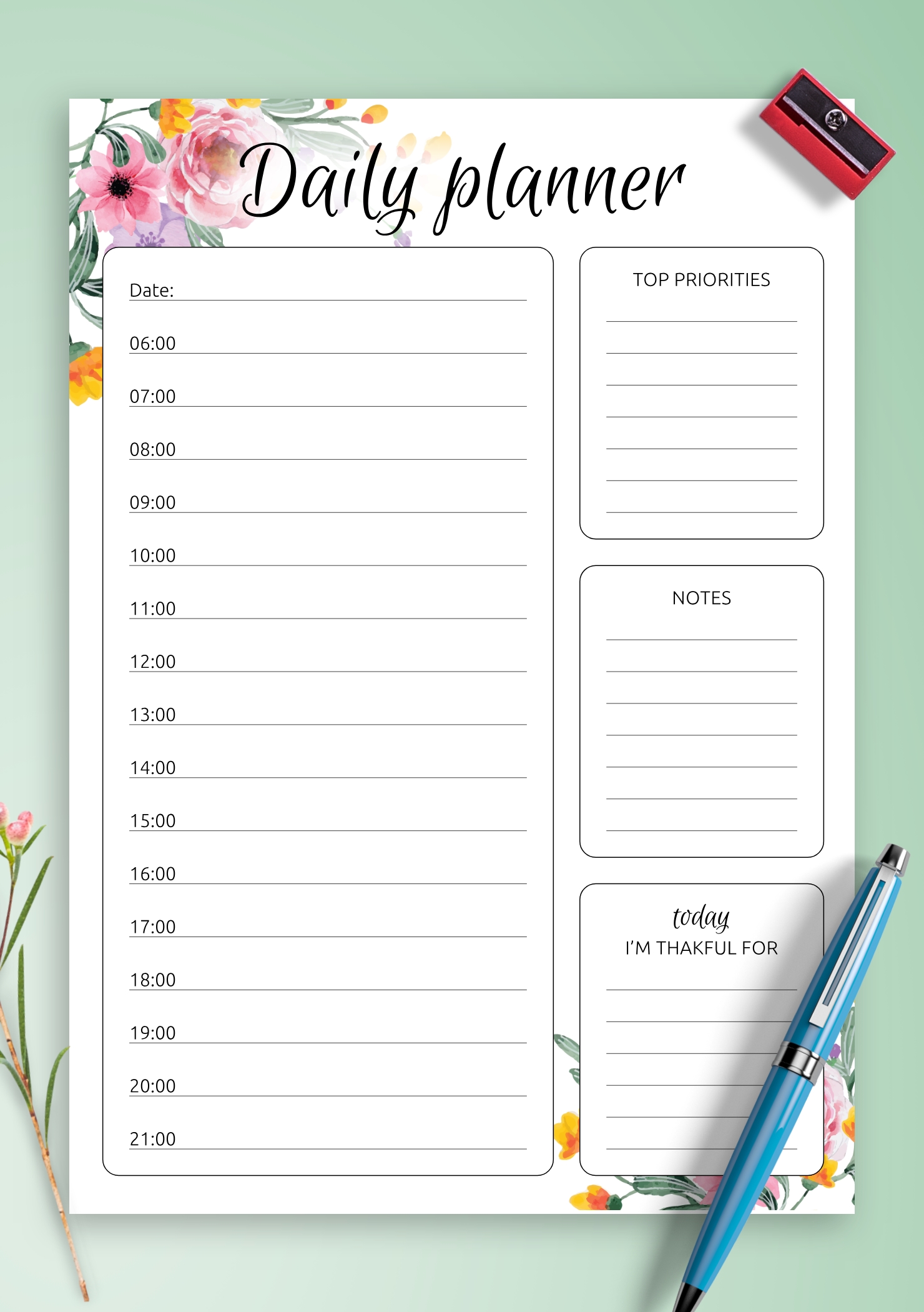 Printable Daily Hourly Schedule Template with Flowers