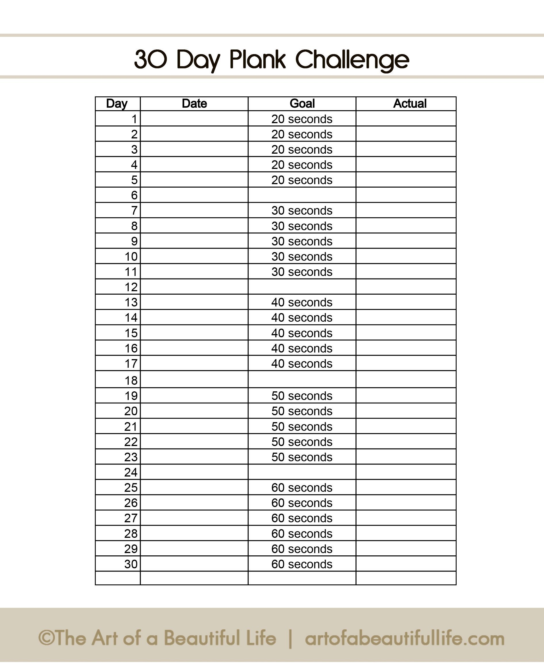 Universal 30 Day Plank Challenge Printable In Word