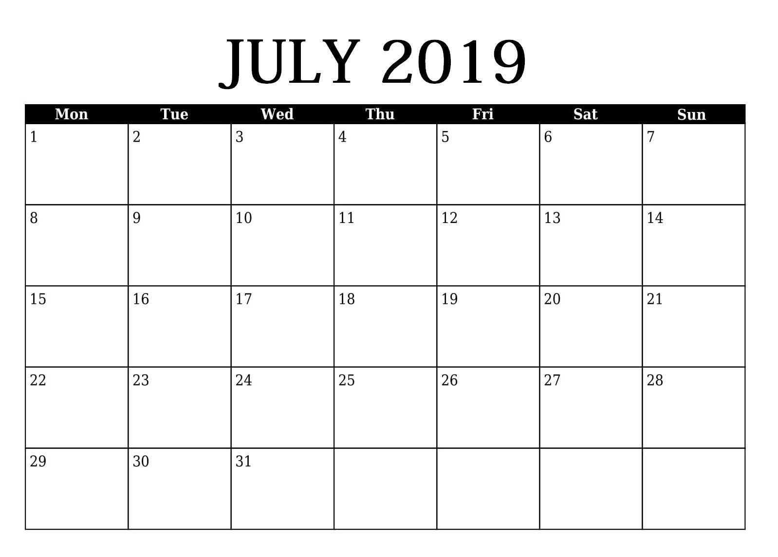 Editable July 2019 Calendar Template | 2019 Calendar