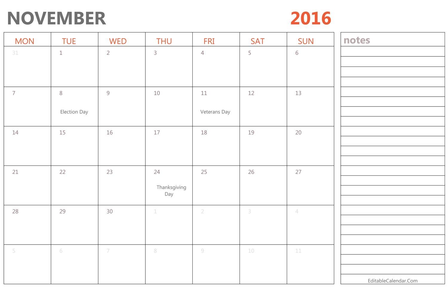 Editable November 2016 Calendar With Holidays