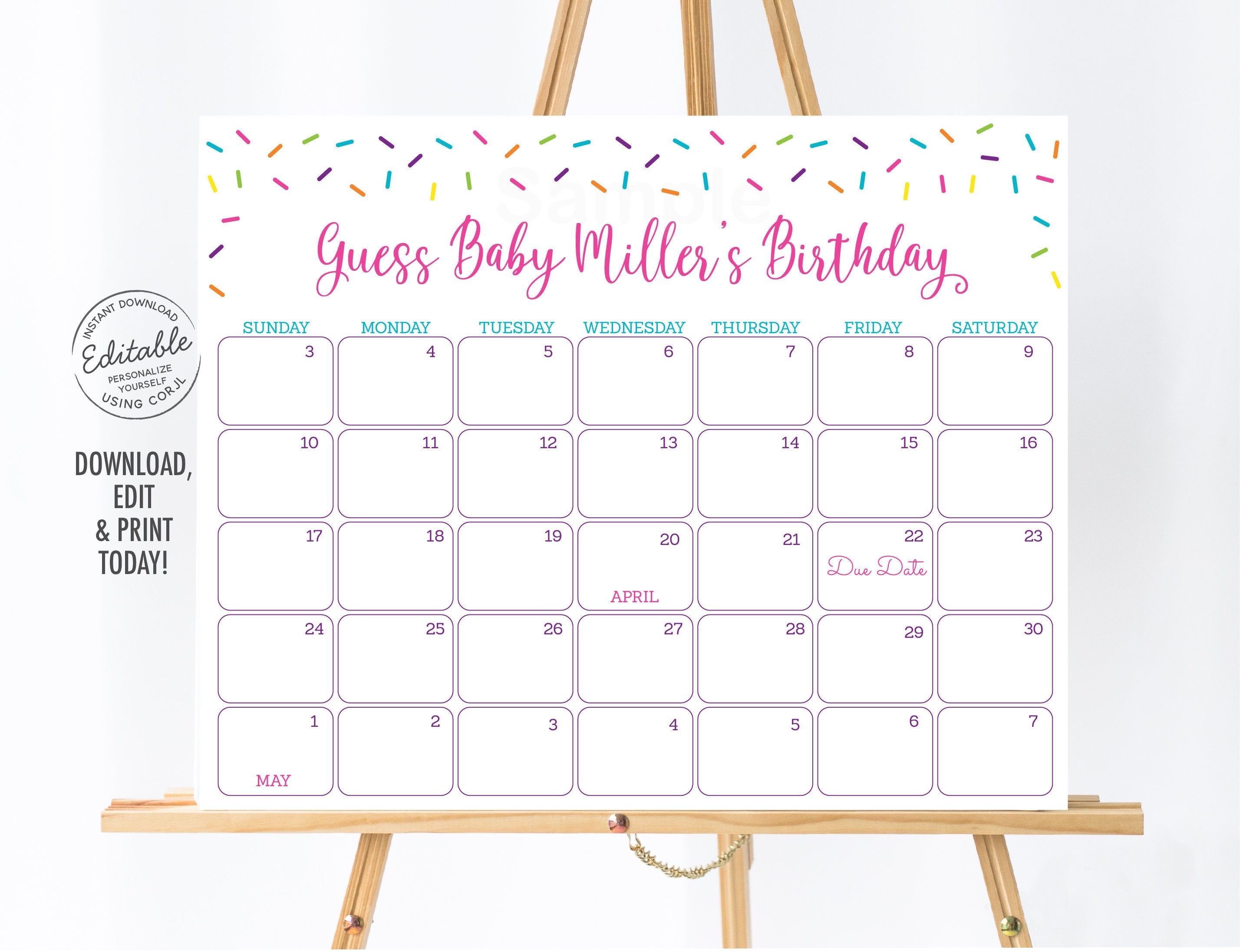 Editable Sprinkle Baby Due Date Calendar Pink Baby Sprinkle Baby Girl  Sprinkle Rainbow Sprinkle Birthday Predictions Game Printable A109