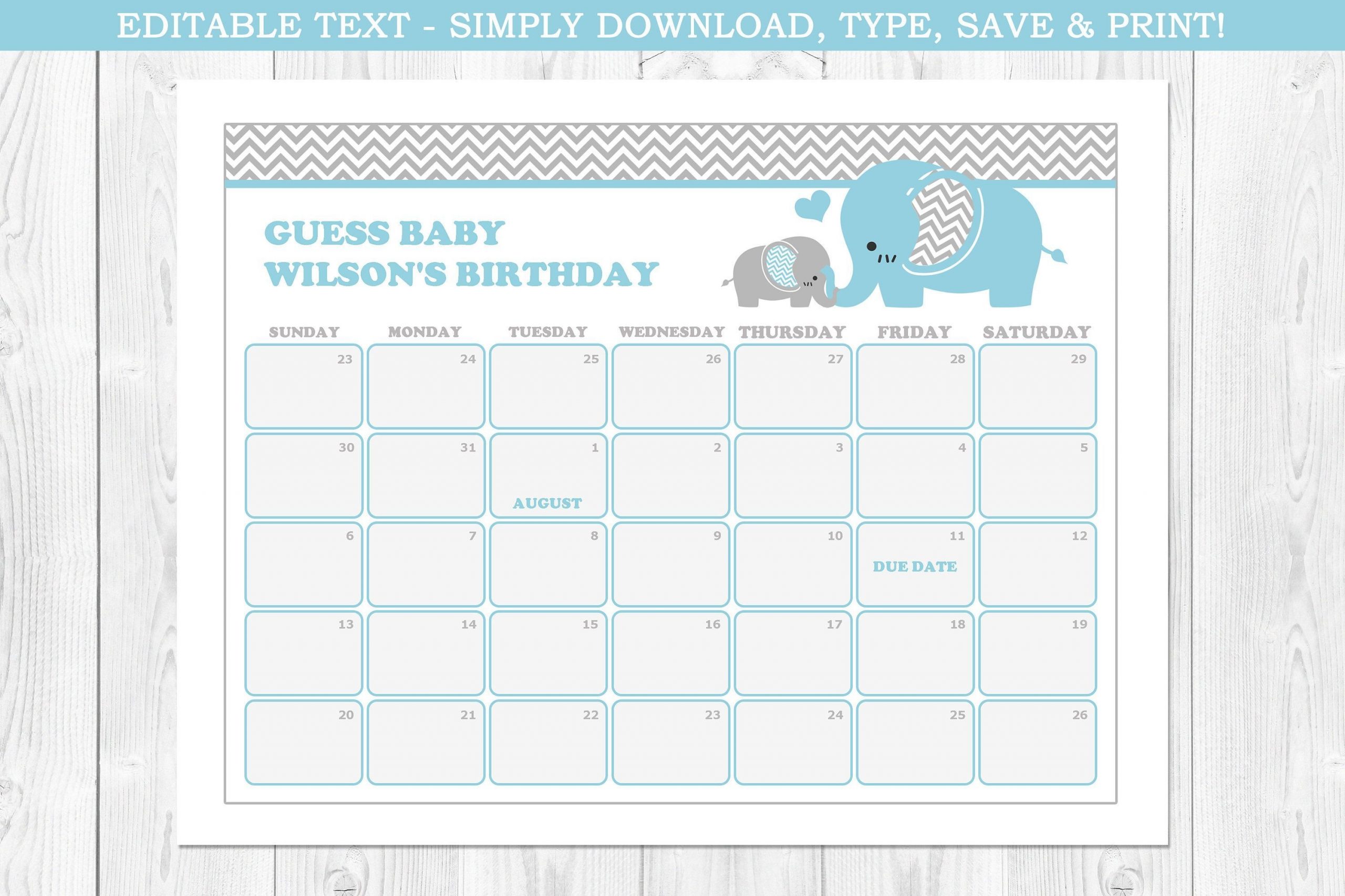 Elephant Baby Due Date Calendar, Elephant Baby Shower, Blue
