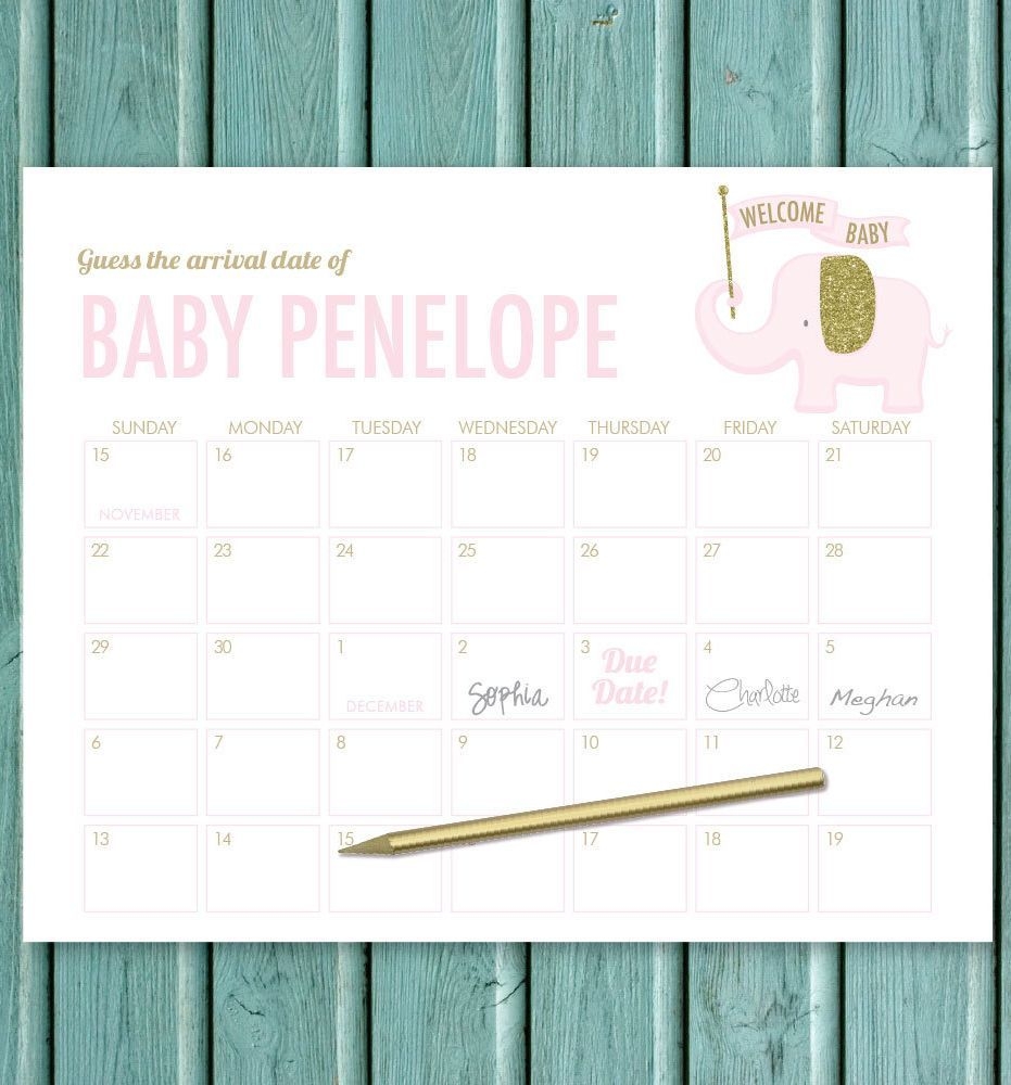 Elephant Guess The Due Date Calendar Game . Pink And Gold