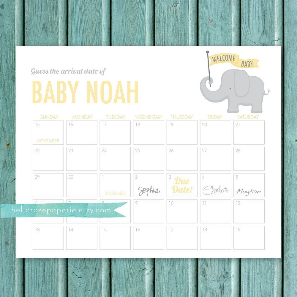 Elephant Guess The Due Date Calendar Game . Pink And Gold