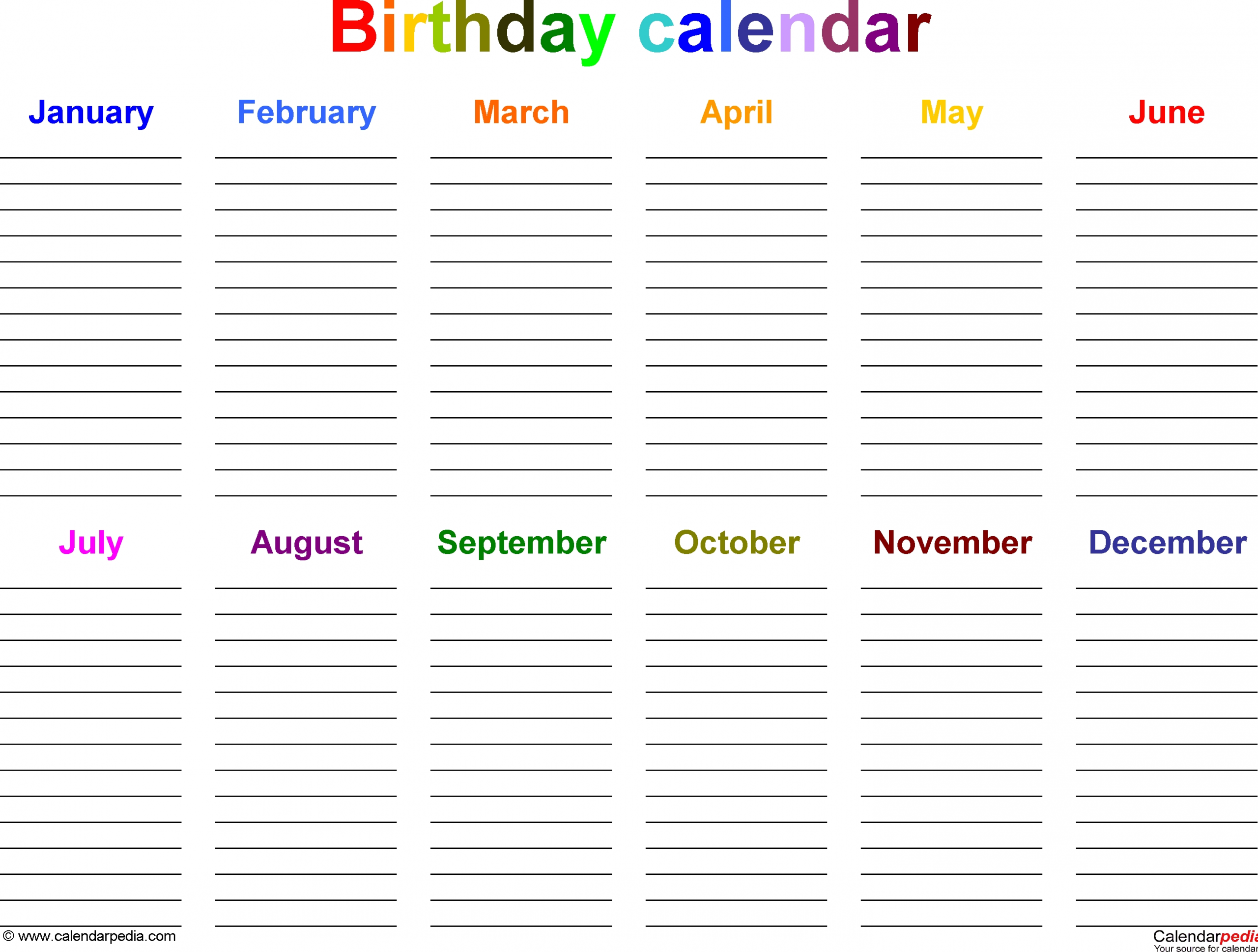 Excel Template For Birthday Calendar In Color (Landscape