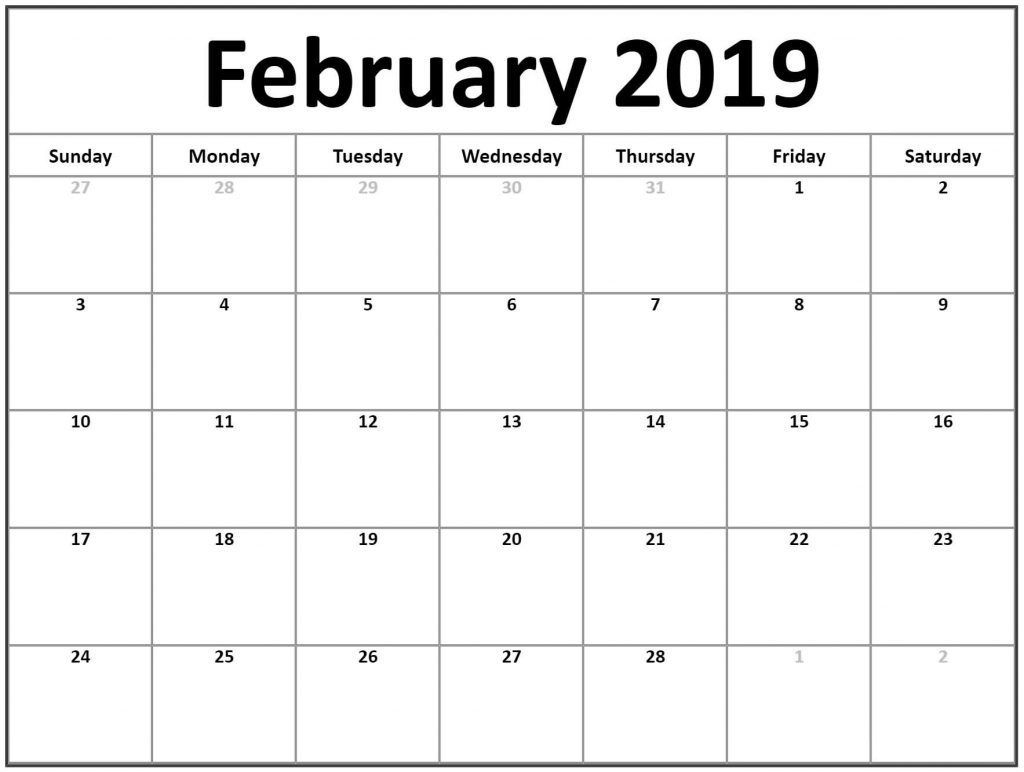 February 2019 Calendar Fillable | Monthly Calendar Printable