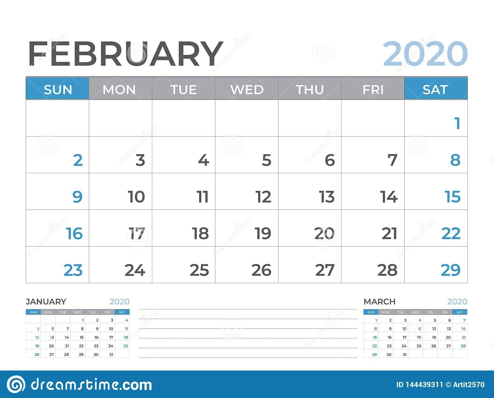 February 2020 Calendar Template, Desk Calendar Layout Size 8