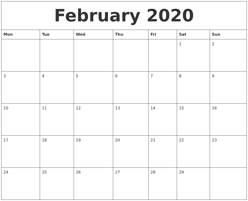 February 2020 Free Downloadable Calendar