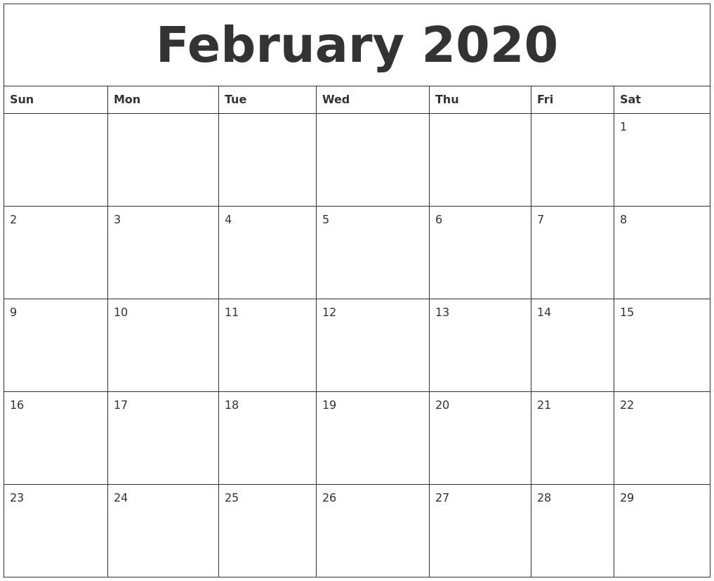 February 2020 Online Printable Calendar