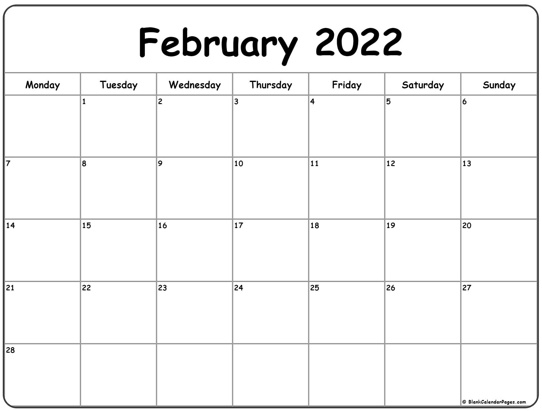 February 2022 Monday Calendar | Monday To Sunday